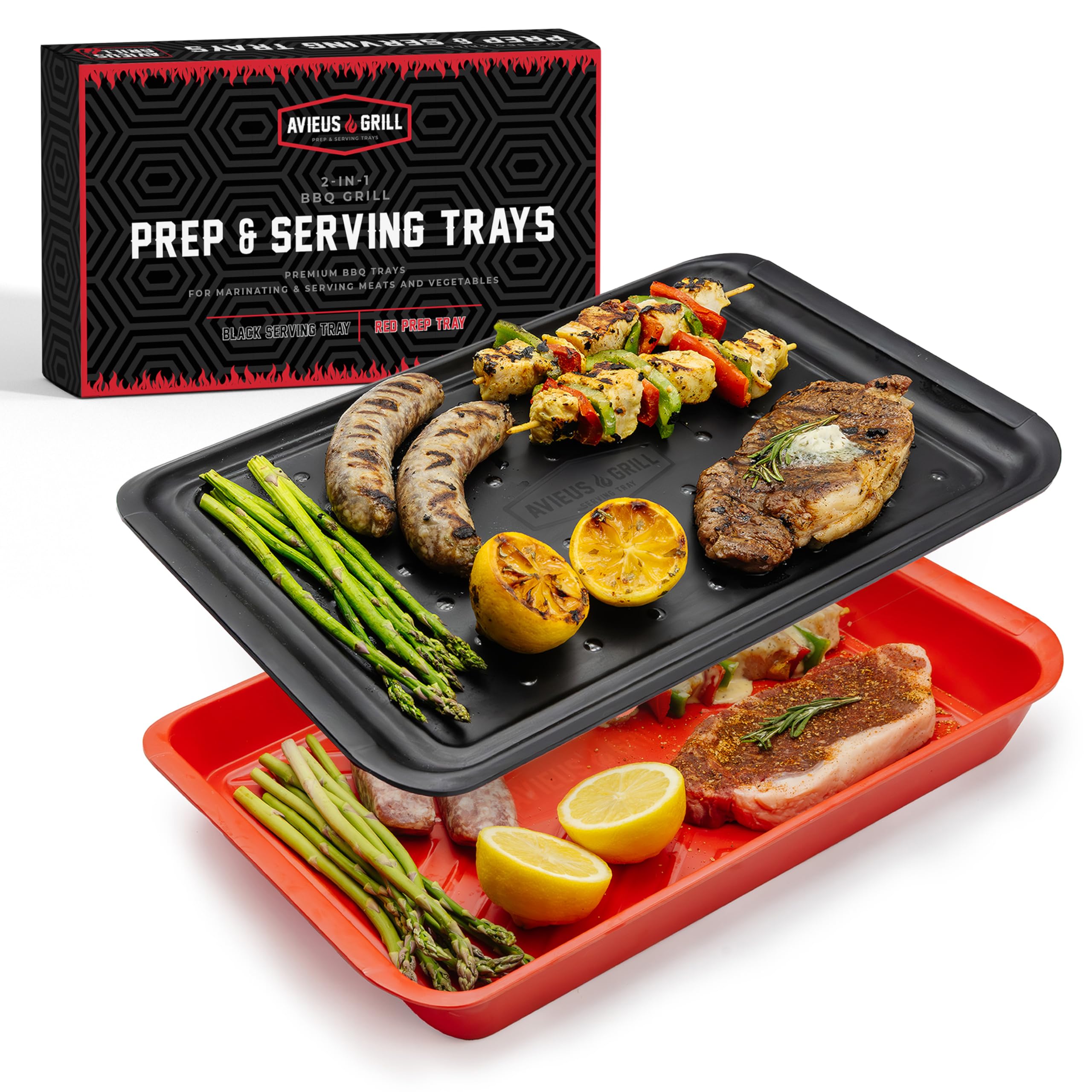 Grehge rep & Serving Trays | Set of 2 Stackable, Melamine Trays | Serving Tray & Marinating Tray | Serving Platter for Plating Food & BBQ Prep Tub for Marinating Meats | Grill Accessories |