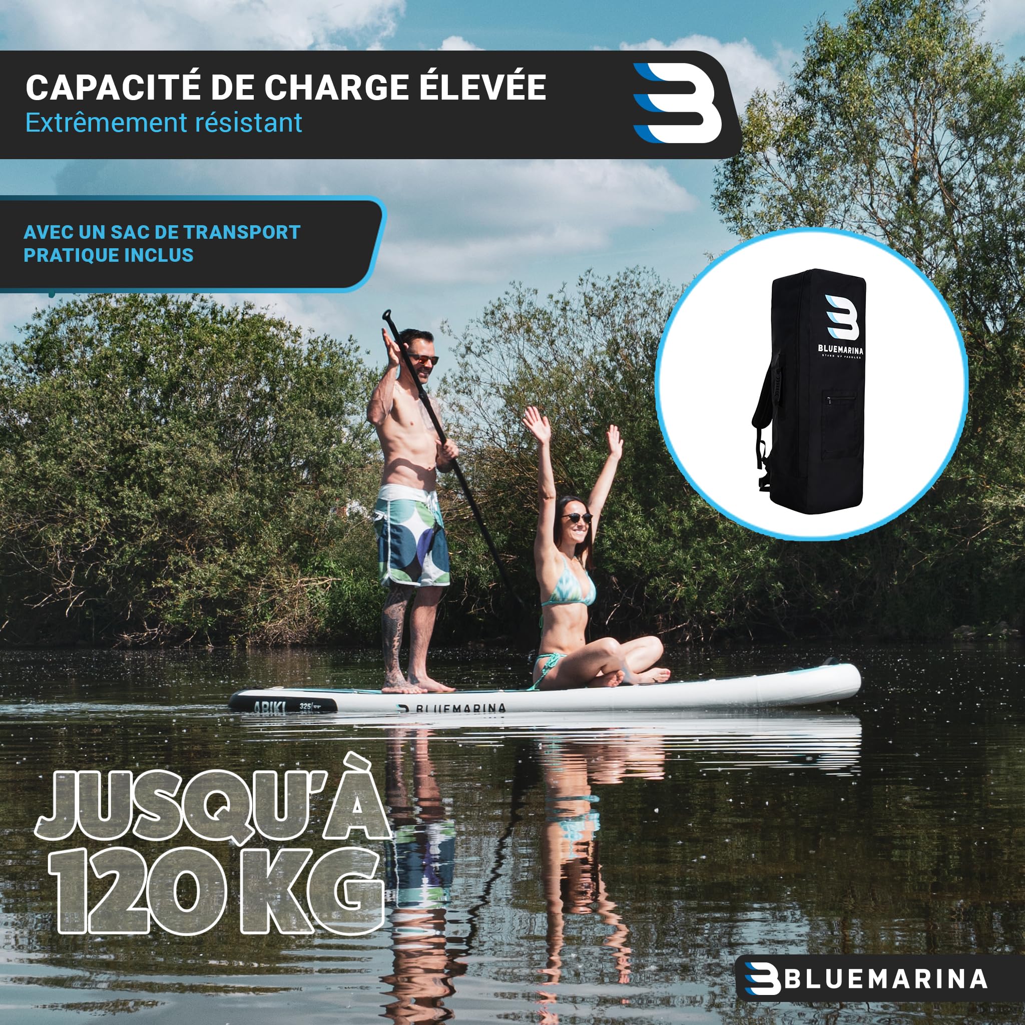 Bluemarina Planche de Stand Up Paddle Ariki Gonflable - Garantie DE 5 Ans - capacité de Charge jusqu'à 140 kg - Accessoires Inclus - 230x65x10 cm - 325x86x15 cm