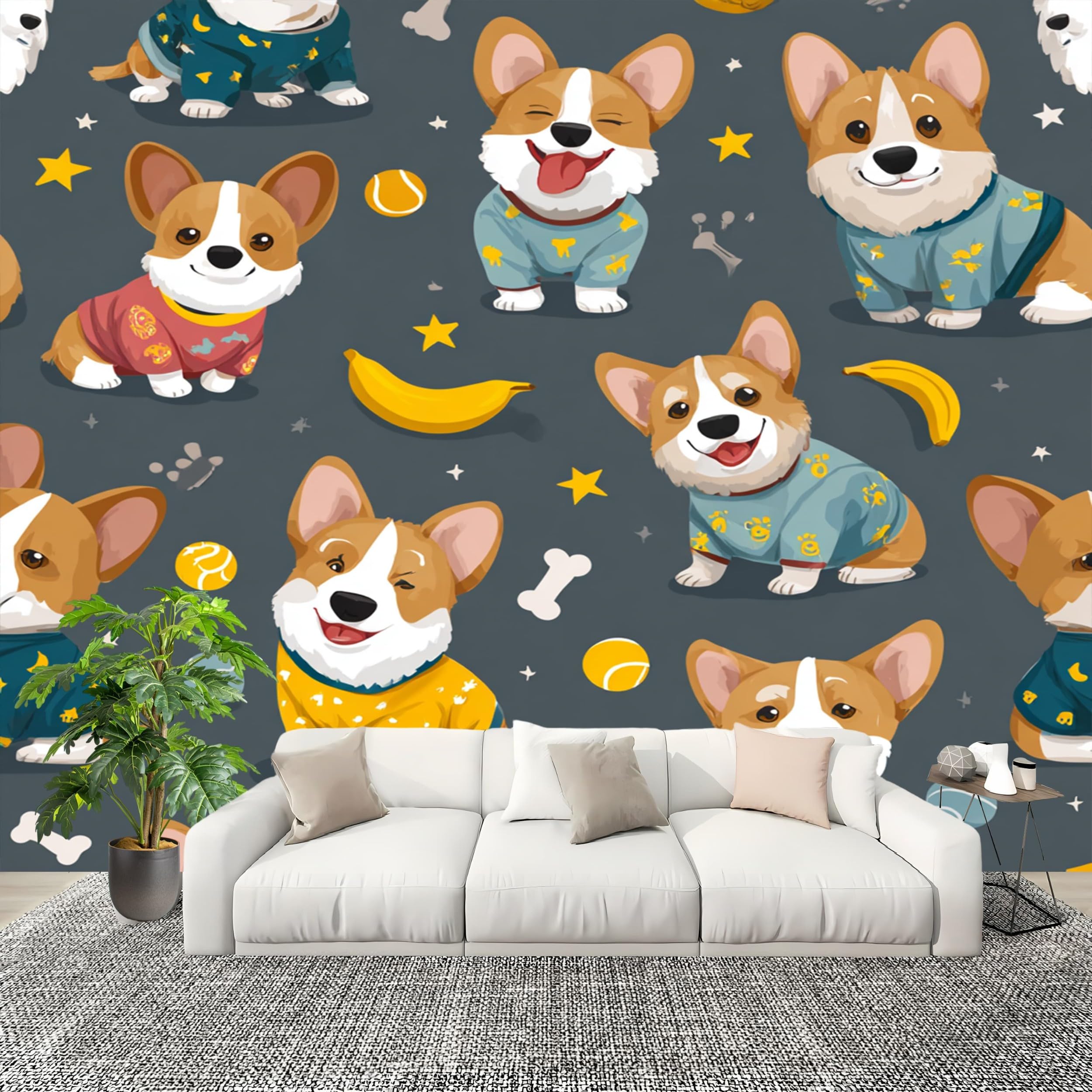 Fototapeta z włókniny, 400 x 280 cm, urocza tapeta ze zwierzętami Corgi, wodoszczelna, druk artystyczny, dekoracja ścienna, szara, fototapeta do sypialni, pokoju zabaw, kuchni, dekoracja domu, tatuaż