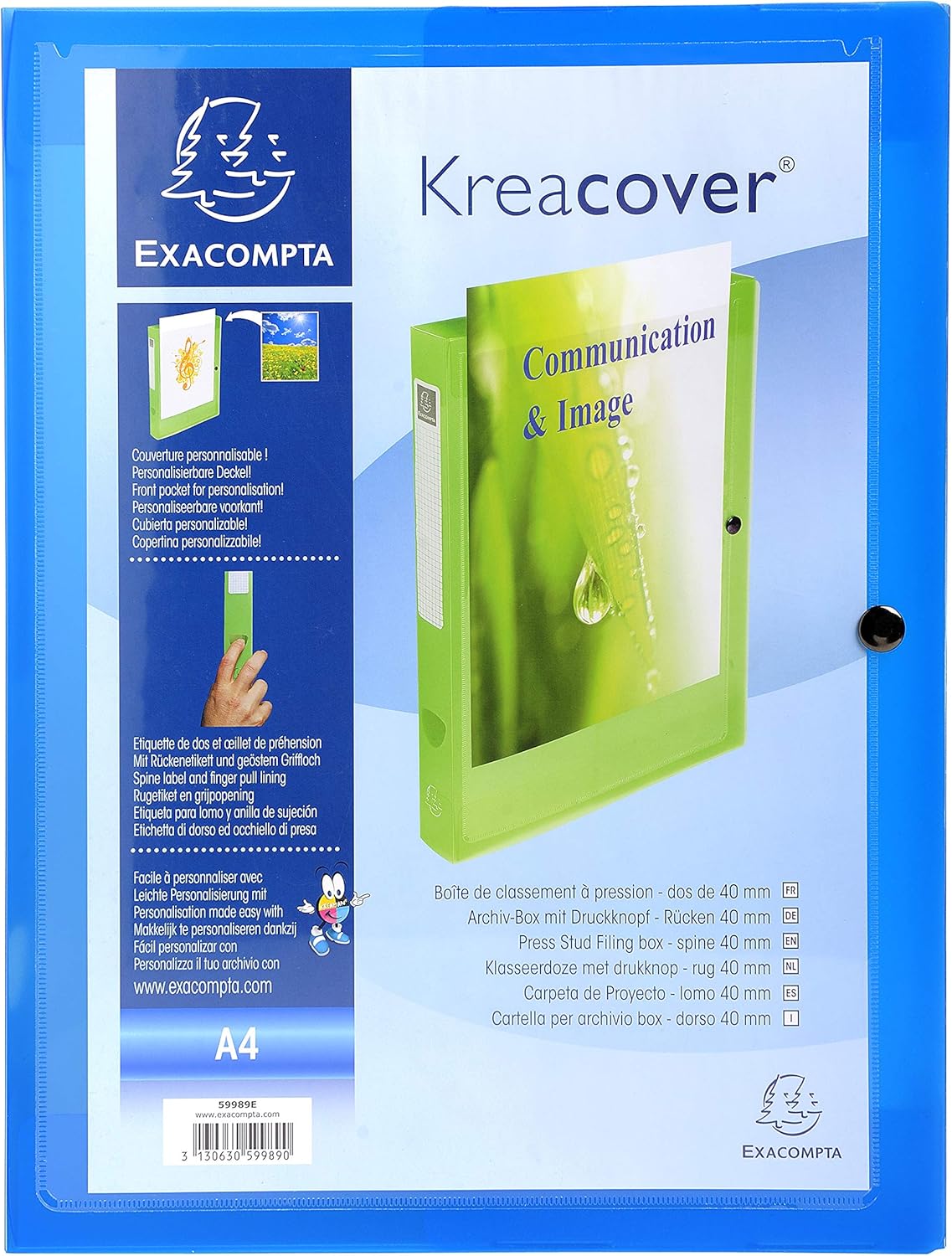 Exacompta Kreacover PP Press Stud Filing Box, A4, 40 mm Spine - Assorted Colours, Pack of 5