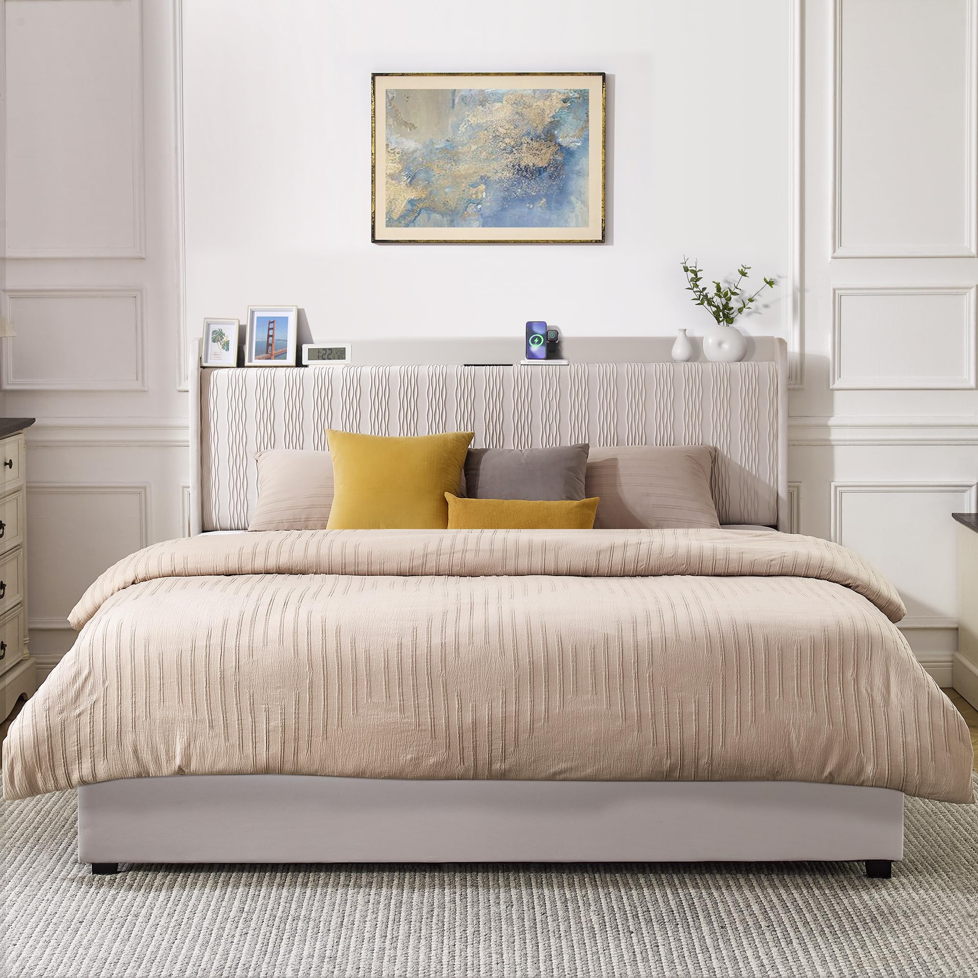 King Size Velvet Upholstered Bed with Charging Station & Drawers, Beige