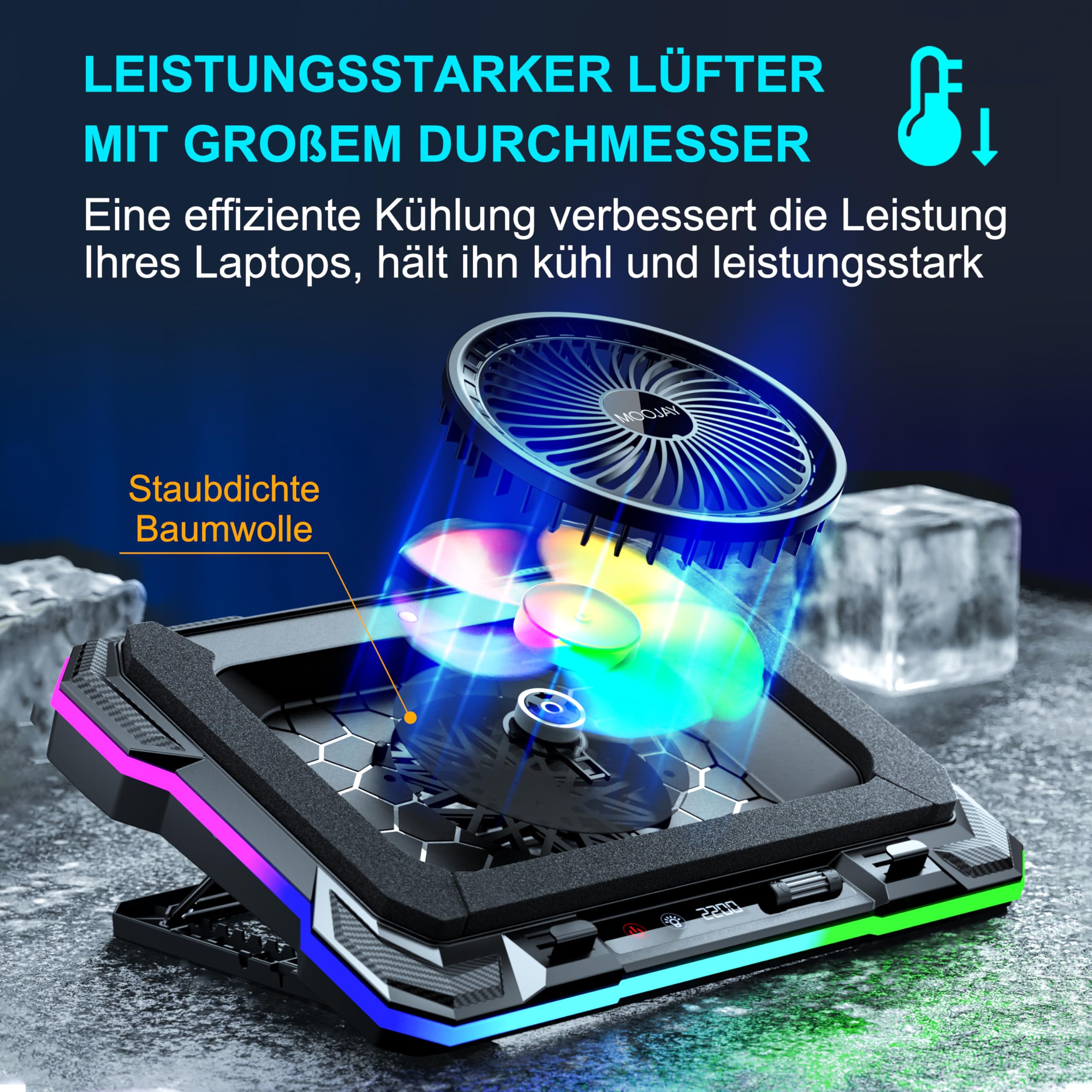 Laptop Kühlkissen Leistungsstarker Turbolüfter RGB Gaming Notebook Kühler Laptop Lüfter Kühlständer mit 8 Höhenverstellbar und Handyständer, für 14-19 Zoll Laptop - Farbiges LED Licht