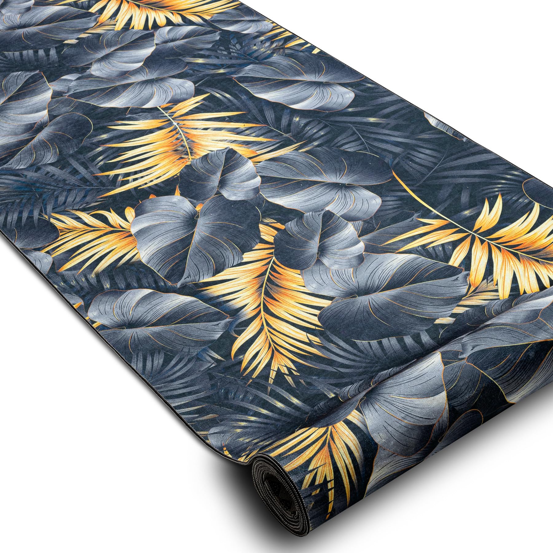 rugsx Tapis Antidérapant Lotus Ferns 45270 Feuilles Gris/Or - Lavable - 60x350 cm - Tapis de Couloir Antiglisse pour Cuisine et Entrée