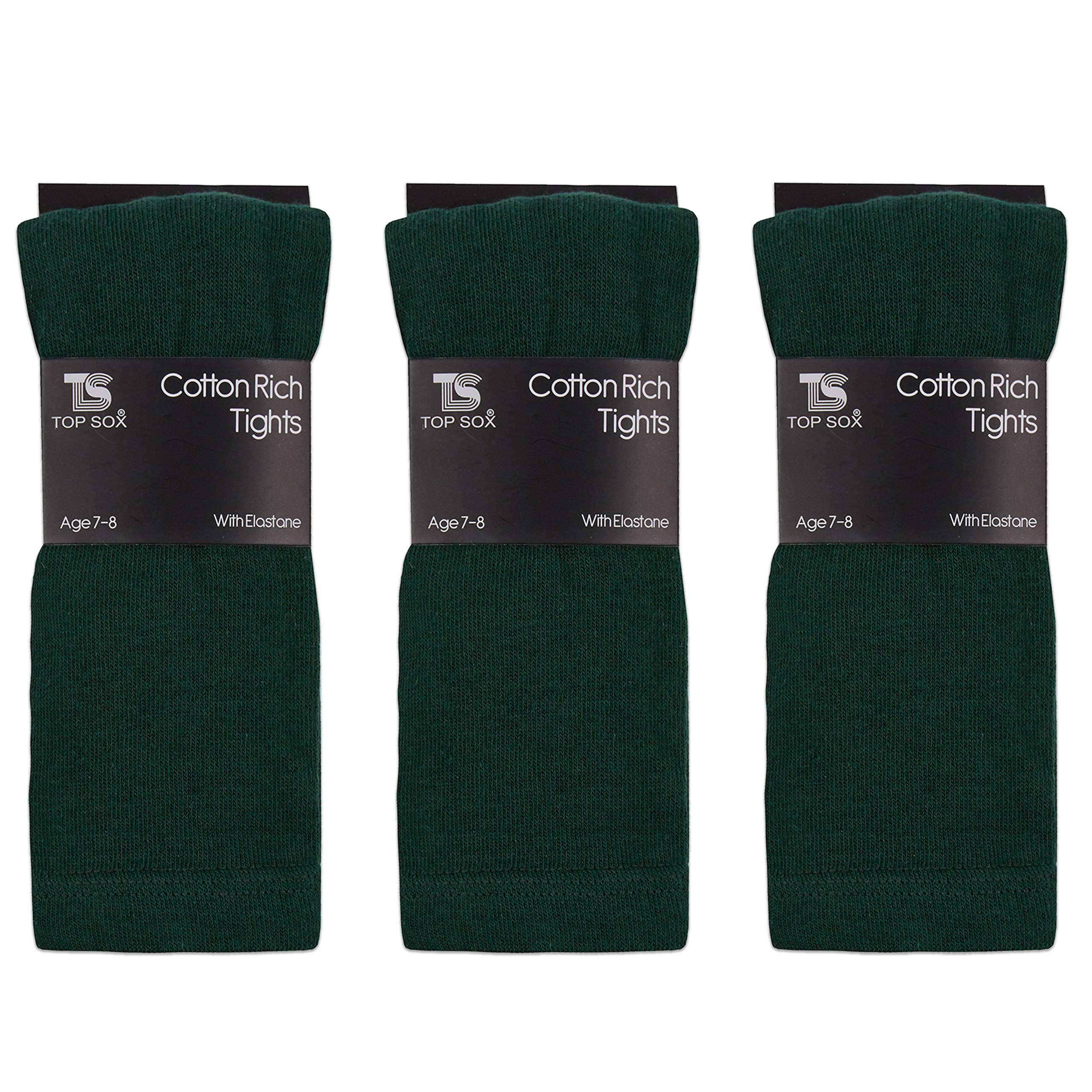 Top Sox Girls Green Childrens 3 Pairs Plain Tights Back To School Everyday Cotton Rich Leggings 11-12