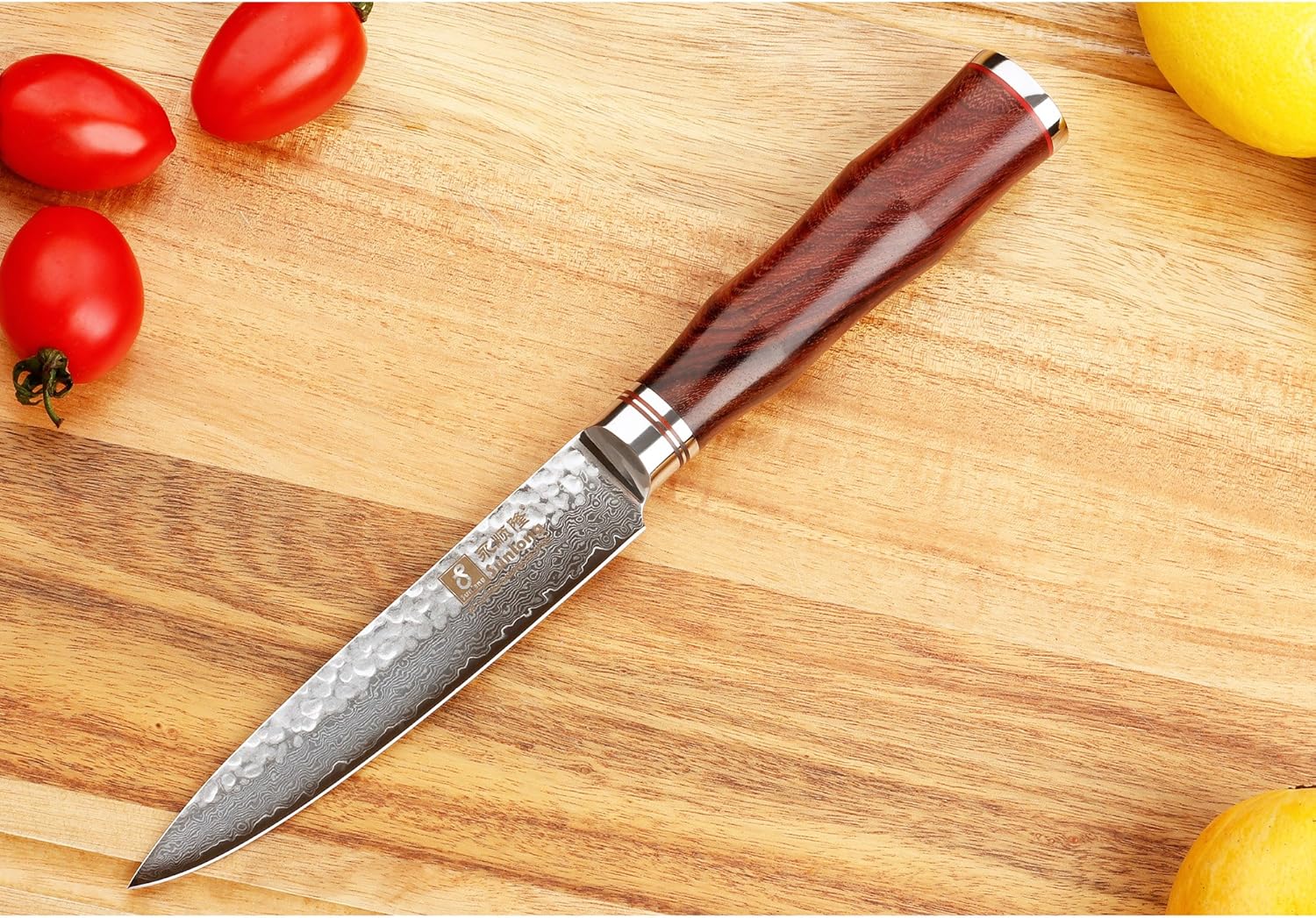SUNLONG Utility Knife 5 inch - Japanese Hammered Damascus Steel Blade - Natural Rosewood Handle