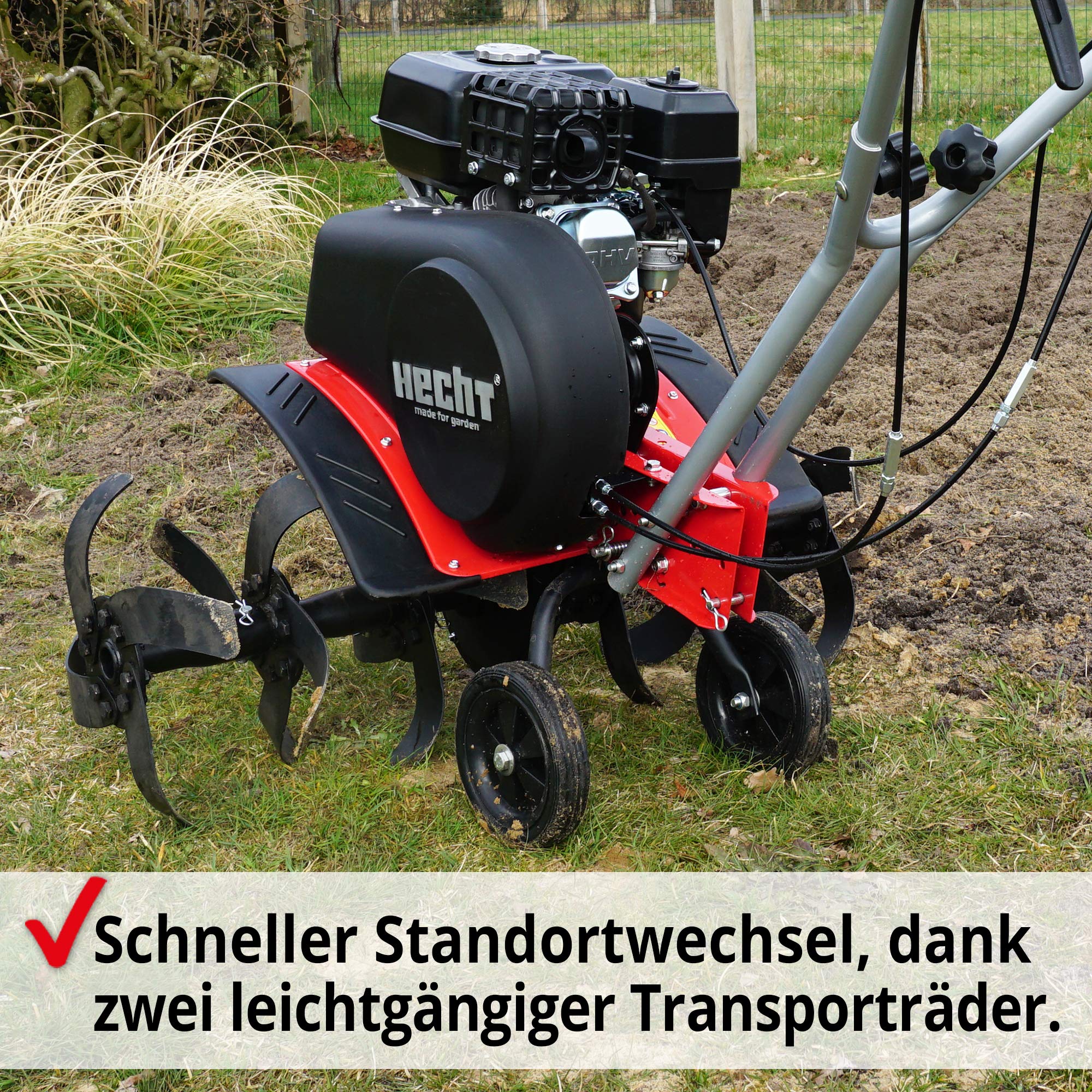HECHT Benzin Motorhacke 6,5 PS 4,5 kW 32-84 cm Arbeitsbreite | 4-Takt-Motor, 24 robuste Messer, bis 32 cm tief, Garten umgraben und Boden auflockern, Gartenfräse und Bodenfräse