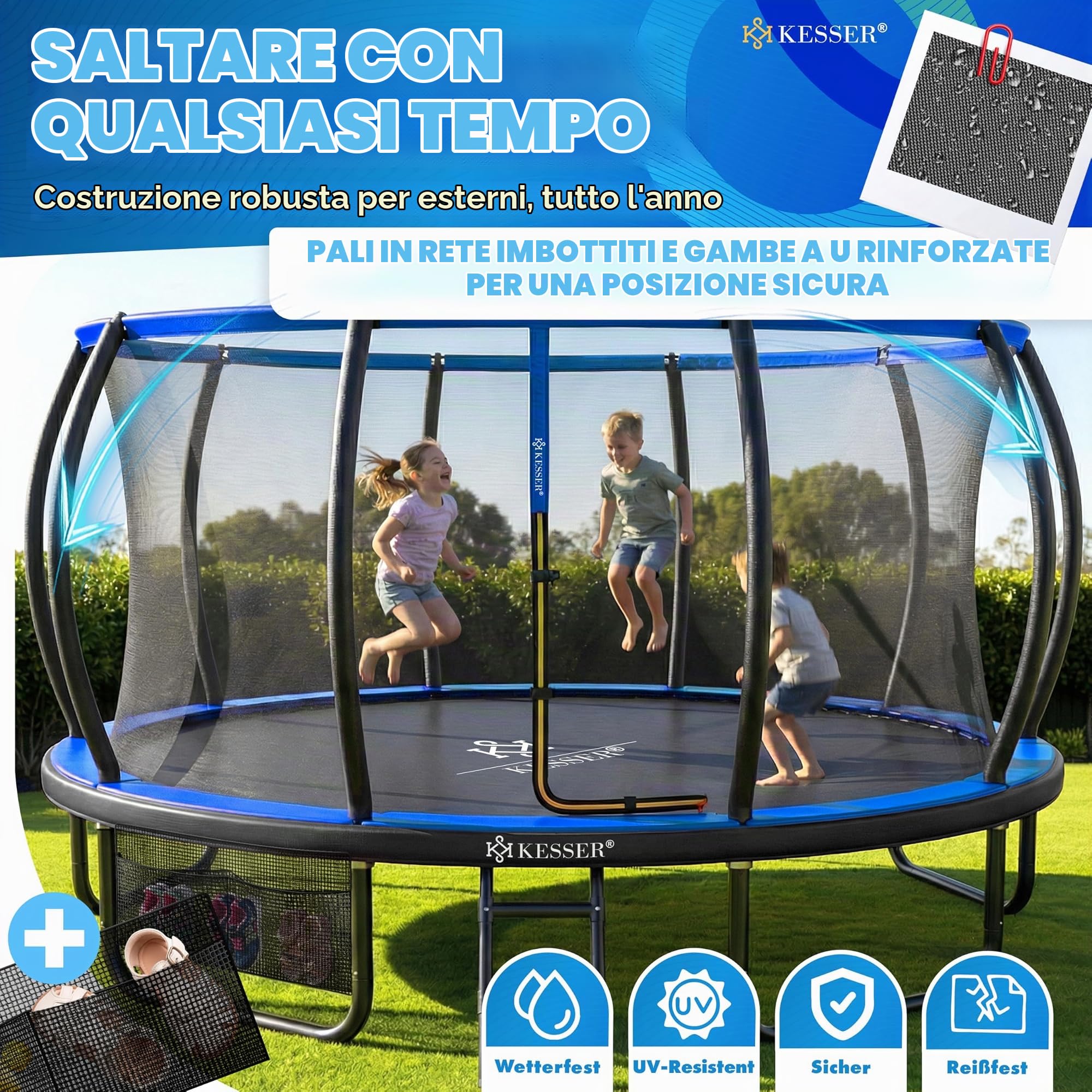 Kesser® Trampolino da giardino Ø 244/305/366/427 cm, certificato GS, trampolino per bambini e adulti < 150 kg con rete di sicurezza, sacca, scala, copertura per il bordo e barre della rete