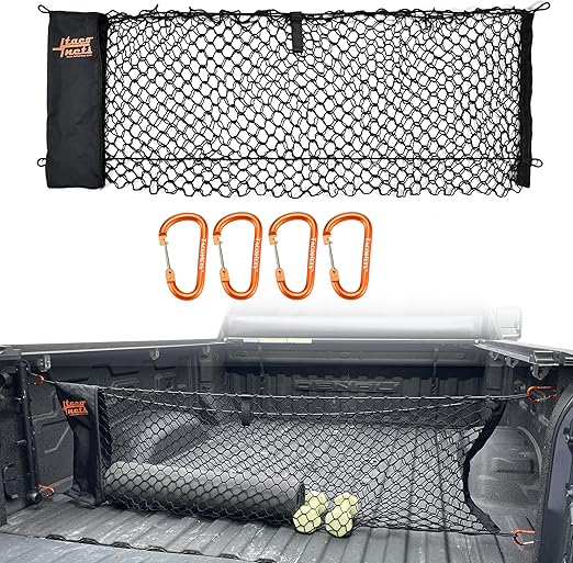 Truck Bed Cargo Net - Upgraded 5mm Bungee - USA Company - 4 Carabiners - Mesh Pouch Style Organizer for Groceries, Bags, Tools, Boxes, Accessories - 18" x 50"