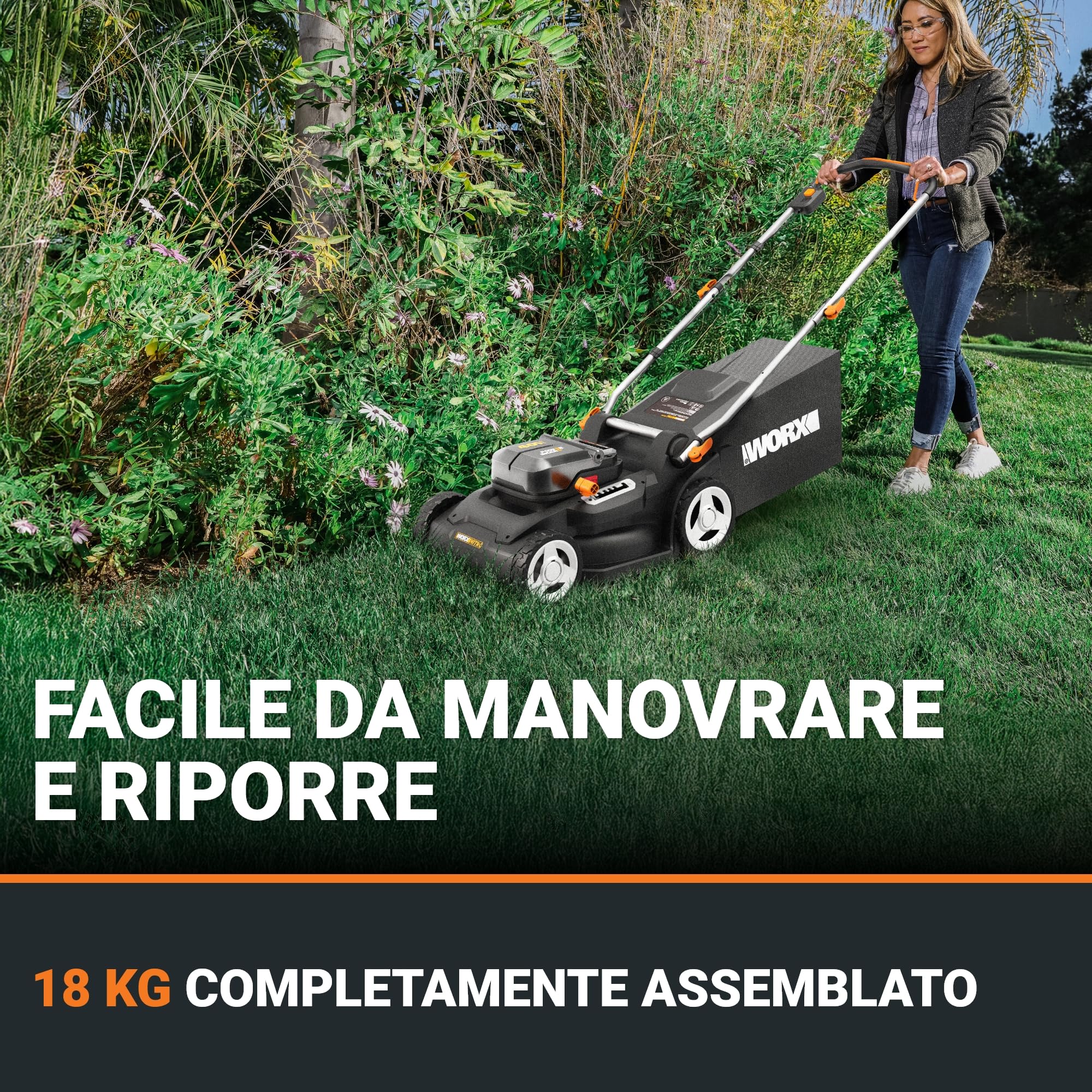 WORX Nitro WG745E, tosaerba a batteria 40V, 2 batterie 20V da 4Ah Pro incluse, superficie massima 600 m², diametro 41 cm, 50 l, taglio fino ai bordi, 6 altezze di taglio, taglio classico