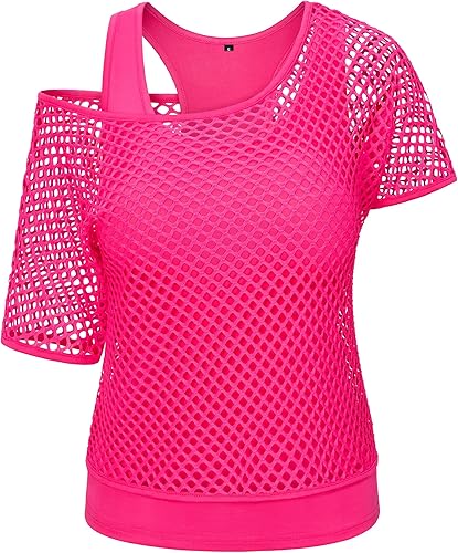 Vista 3 de Yuriko Disfraz de fiesta de los años 80 para mujer, camiseta de neón con hombros descubiertos, dos piezas con accesorios de disfraces de los años 80