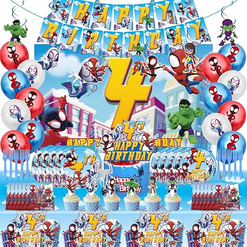 Spidey and His Amazing Friends - Suministros para fiesta de cumpleaños, el juego de decoración de 4 cumpleaños de Spidey incluye platos, pancarta,