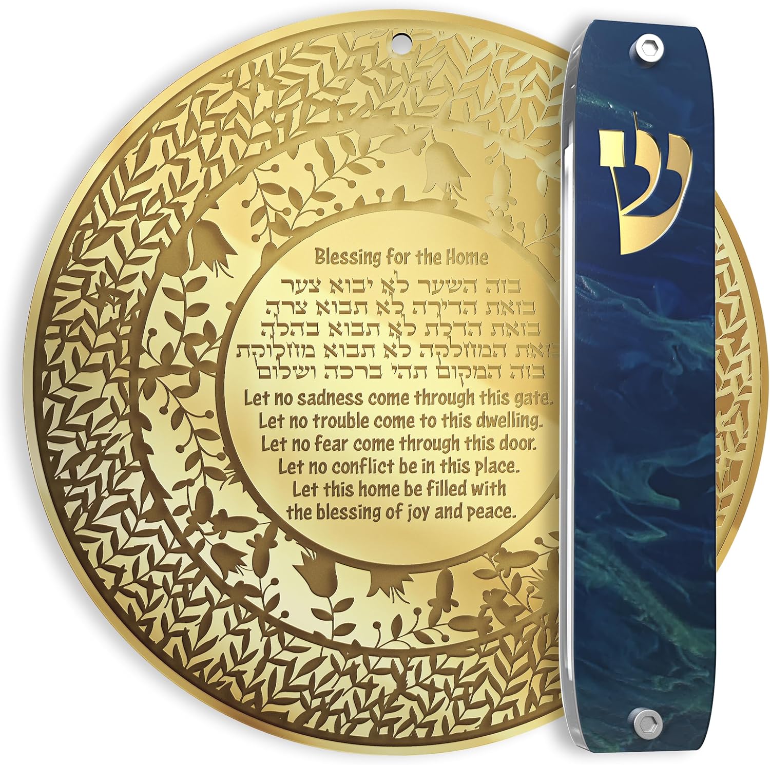 Home Blessing Gifts Hebrew and English Engraving 20 CM Diam Golden Mirror Acrylic and Handmade Modern Mezuzah for Door Without Kosher Classic Style Deep Sea