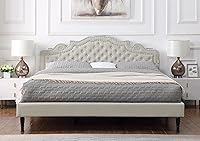 Vista 14 de Base de cama de plataforma tapizada completa con cabecero ajustable de 47 pulgadas de alto, cama de lino con botones, soporte de listones de madera