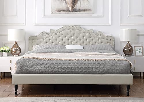 Miniatura 13 de Base de cama de plataforma tapizada completa con cabecero ajustable de 47 pulgadas de alto, cama de lino con botones, soporte de listones de madera