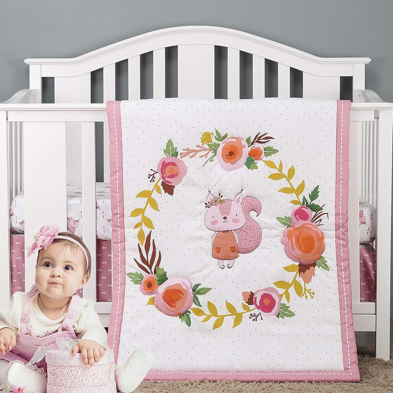Brandream Girls Nursery Bedding Pink Farmhouse Floral Baby Crib Set 3 Piece Cute Animal Comforter,Fitted Sheet, Crib Skirt, Chipmunk and Floral