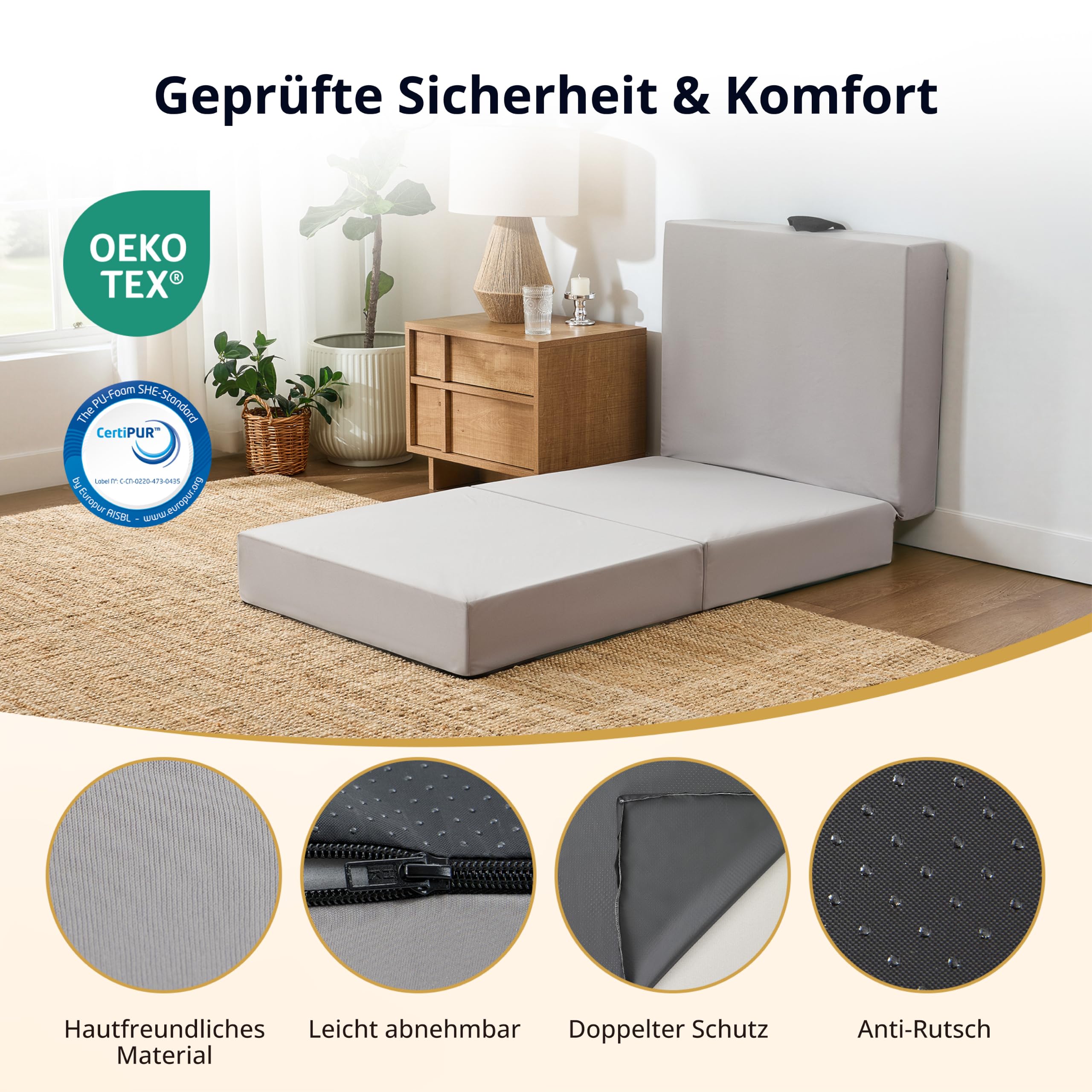 EGOHOME Klappmatratze 195x75x15 cm, 3-teilige Gästematratze mit Bambus-Memory-Schaum & Härtegrad H3, vielseitige Campingmatratze & Bodenmatte mit Aufbewahrungstasche, Grauer Bezug