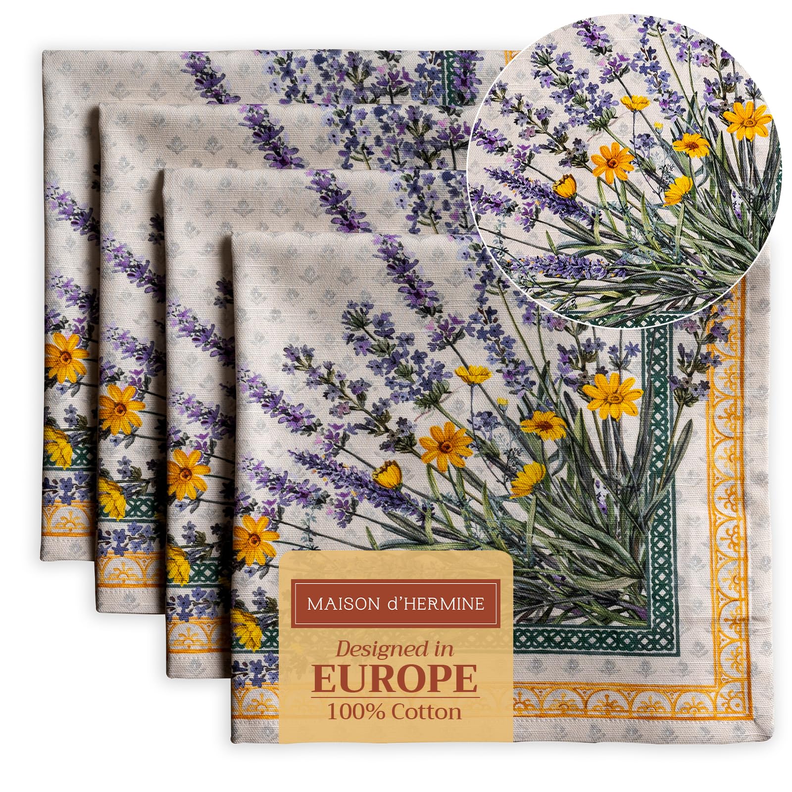 Maison D' Hermine 050 - Fanny Lavender Cloth Napkins Set Of 4 100% Cotton Everyday Reusable Square Napkins Cloth Washable Kitchen Dinner Hotel Party Wedding Restaurant Spring Summer (Fanny Lavender, 45 Cm X 45 Cm)