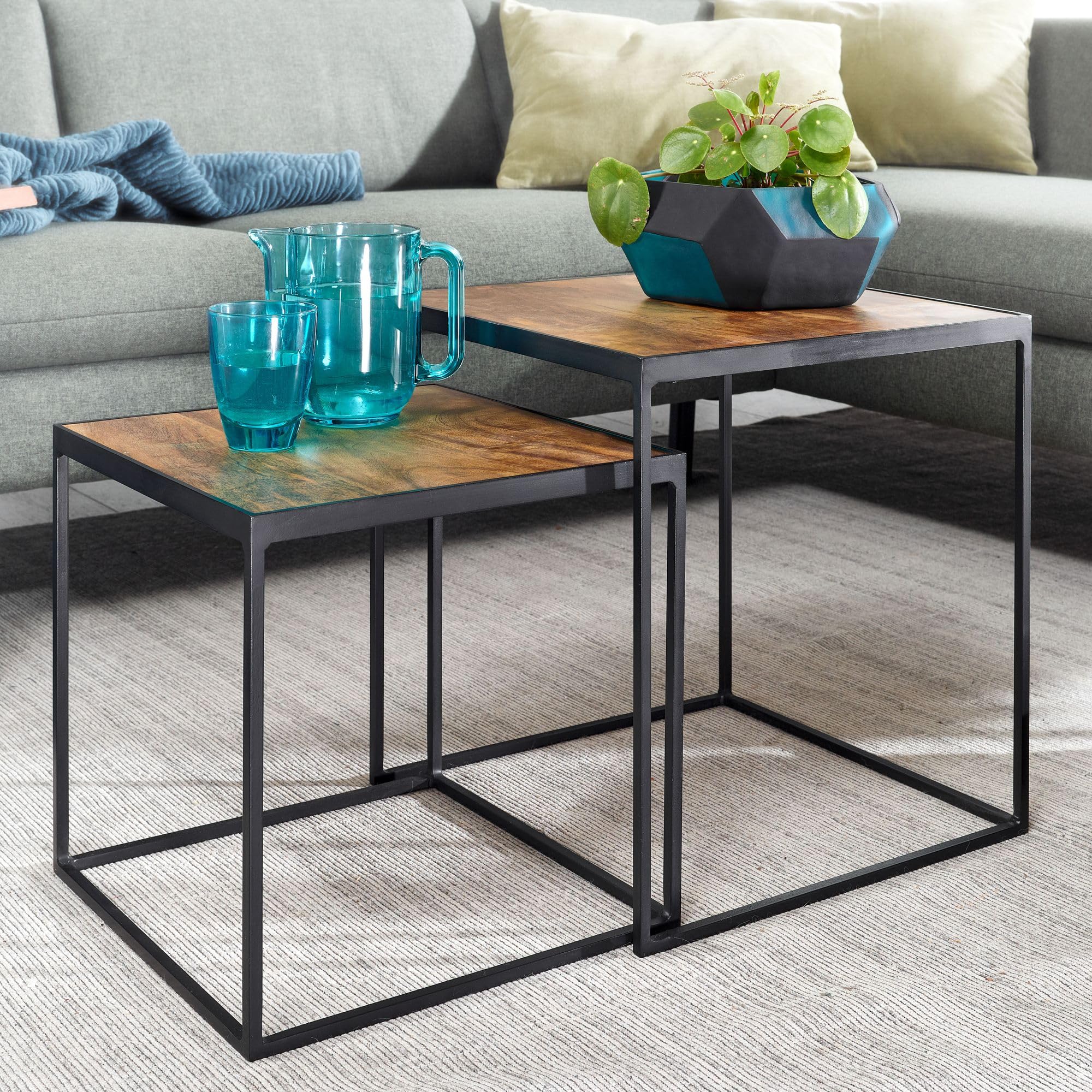 FineBuy Wohnzimmertisch 2er Set Mango Massivholz/Metall Beistelltisch Eckig, Design Beistelltisch Industrial, Sofatisch Couchtisch Quadratisch, Tischset 2-teilig Satztisch Braun
