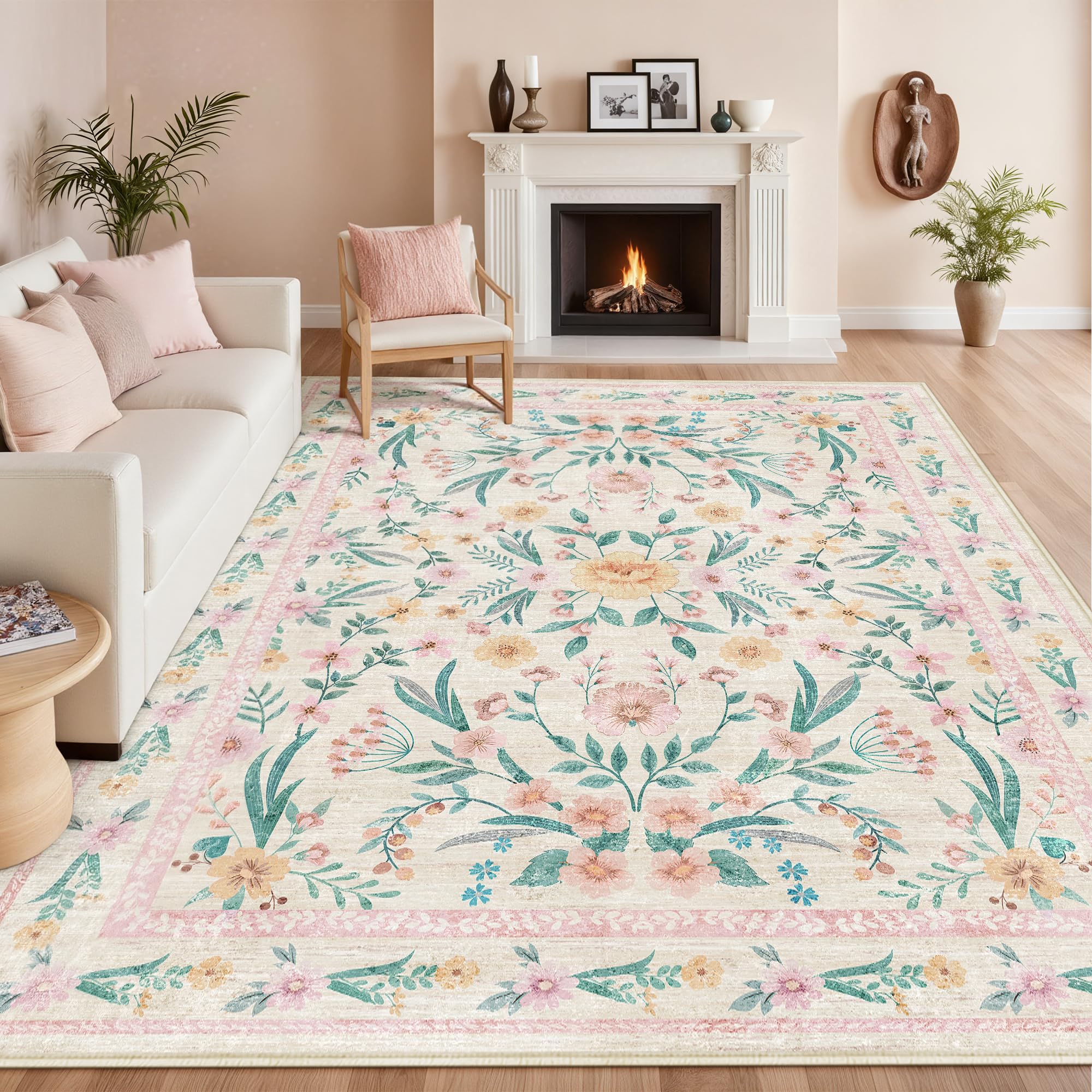 7x9 Pink Boho Floral Area Rug – Washable Non-Slip Soft Carpet for Living Room, Girls Bedroom, Kids Room or Playroom