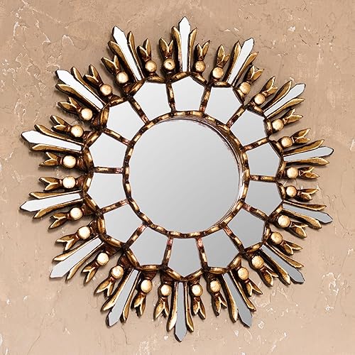 Miniatura 5 de NOVICA Espejo de pared de madera dorada de bronce hecho a mano artesanal de Perú, espejos decorativos metálicos con sol y luna marco de 1.2 pulgadas
