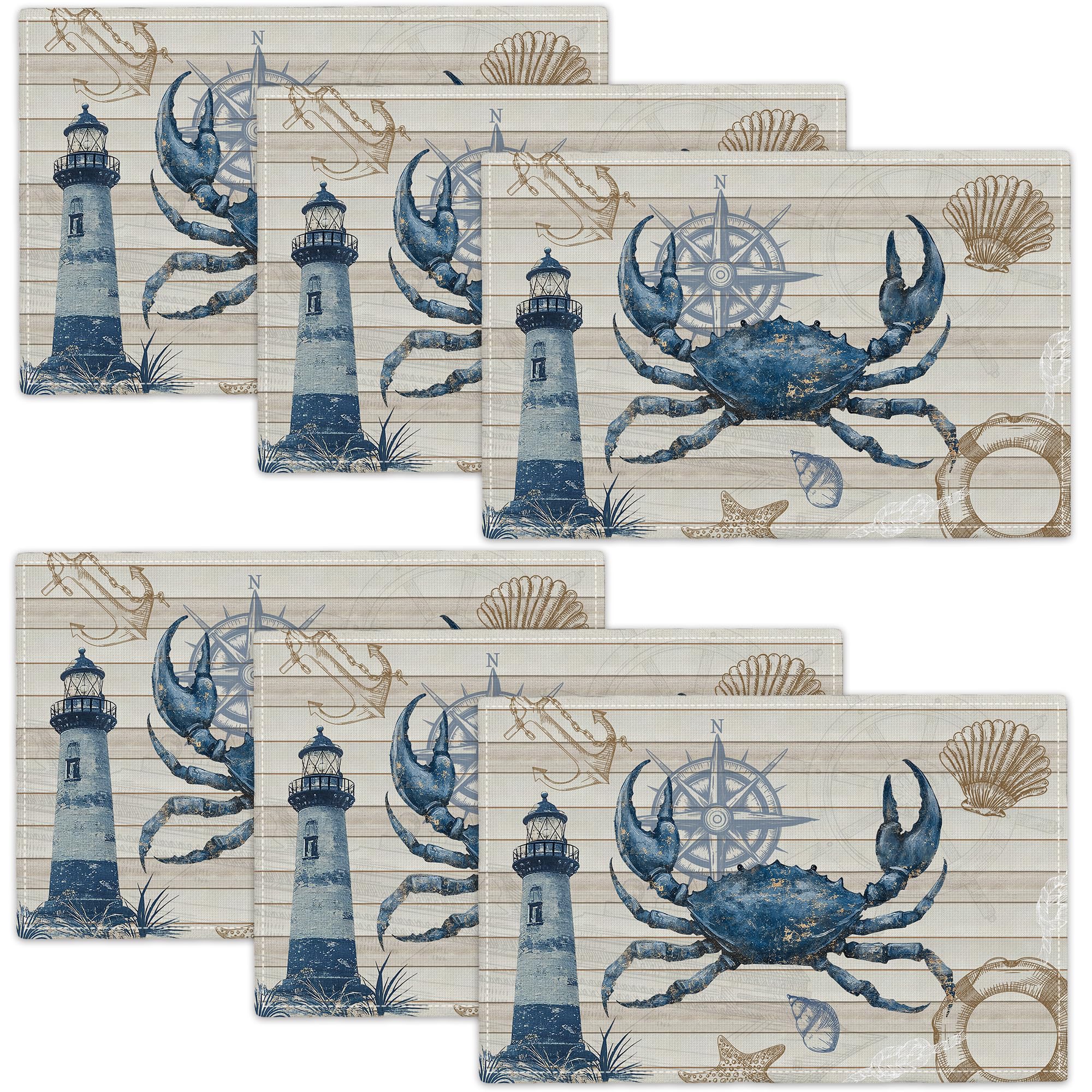 Crab Ocean Placemats Set of 6 Nautical Lighthouse Table Mats Washable Coastal Place Mats for Home Party Indoor Kitchen Dining Table Decoration 12x18