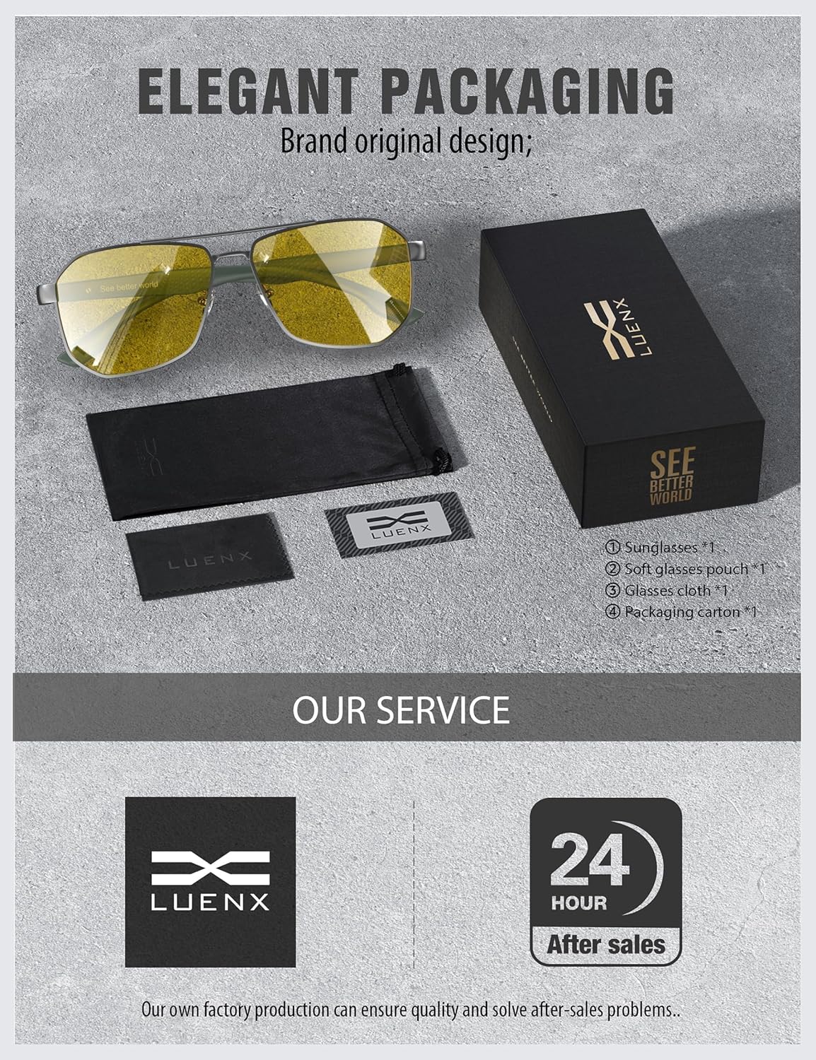 LUENX Aviator Sunglasses for Men Square Polarized Polygon Shades UV400 Sun Glasses with Accessories - Image 6