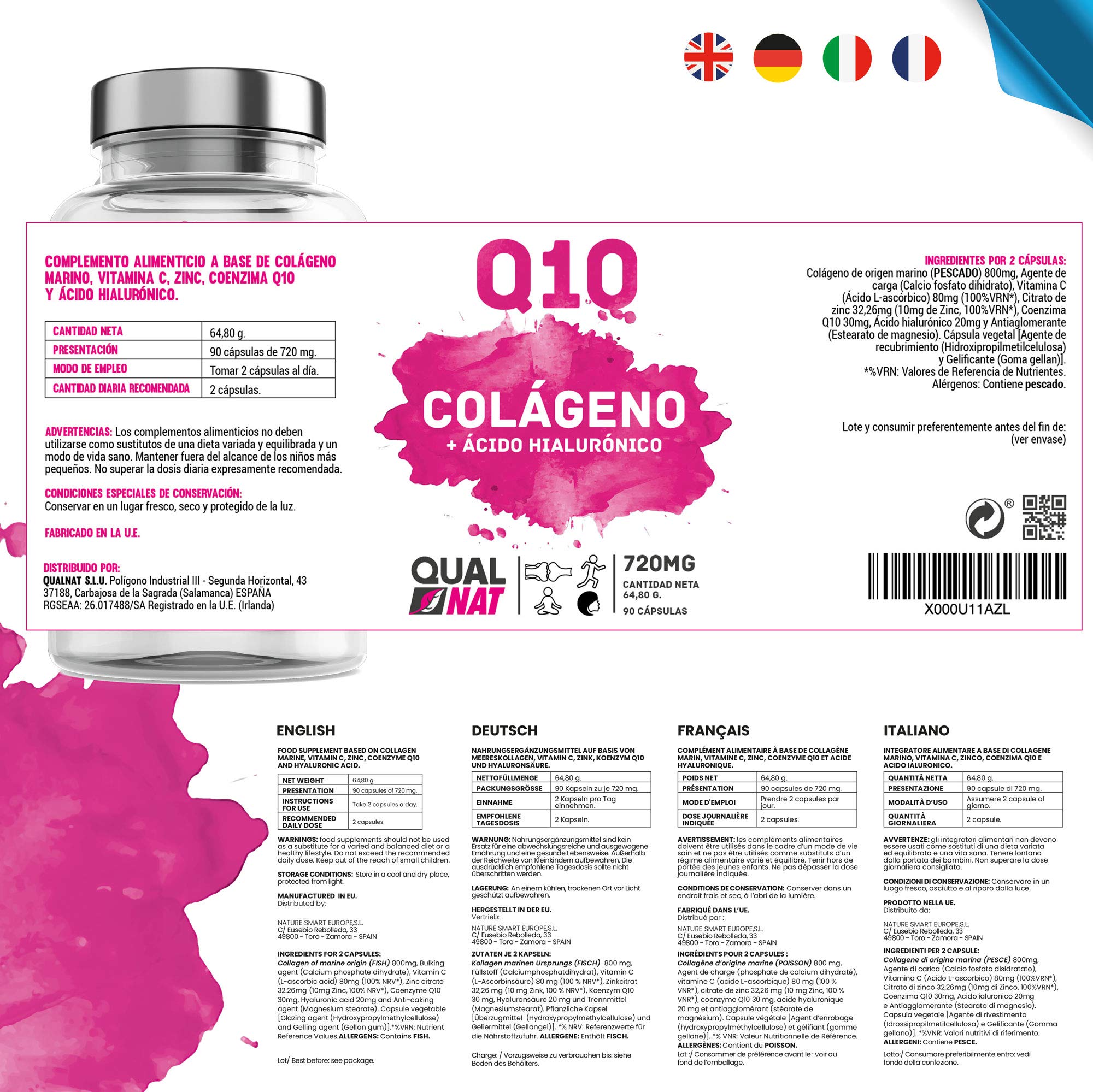 Colágeno con Q10 y Ácido Hialurónico - Para Articulaciones, Piel y Huesos | Colageno 180 Cápsulas - Enriquecido con Magnesio y Vitamina C - Ayuda a Combatir los Signos de la Edad - QUALNAT