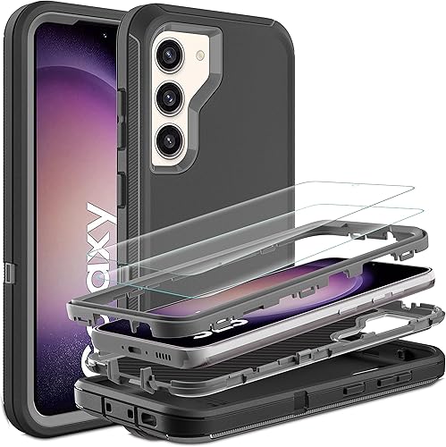 Funda para Galaxy S23, S23 con protector de pantalla de TPU flexible autorreparable 2 paquetes, 3 en 1, funda de protección resistente a prueba de