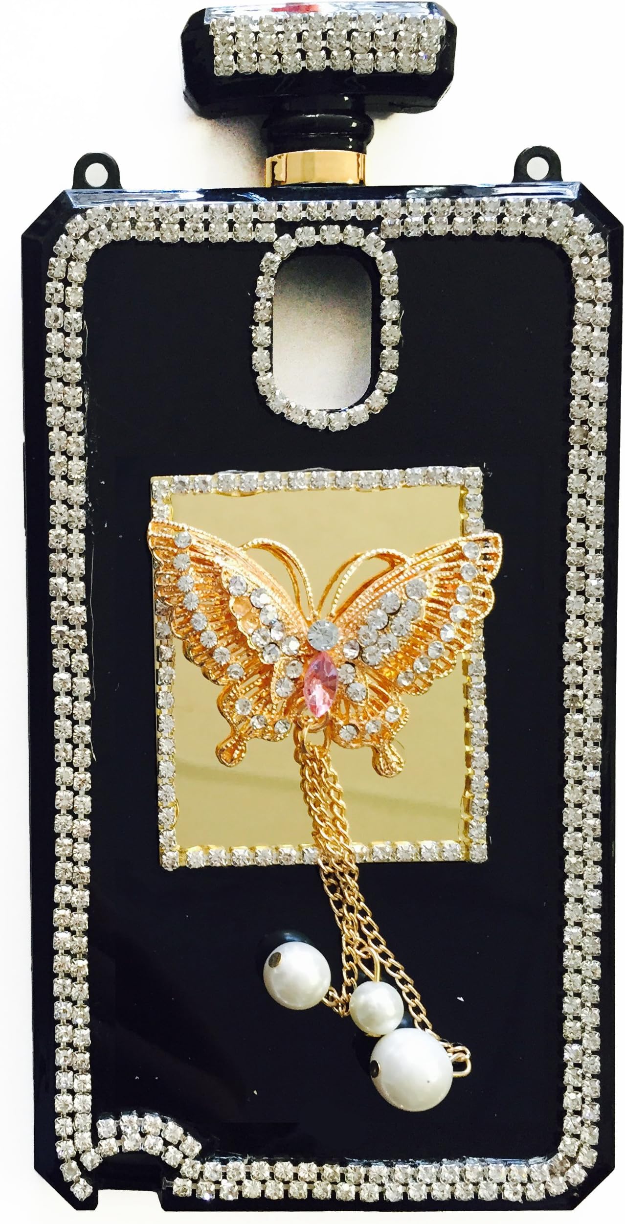 Stylish Crystal Diamond Rhinestones 3D Luxury Shining Butterfly Perfume Bottle Phone Case with Gold/Black Leather Chain (NOTE 3 Gold/Pink)