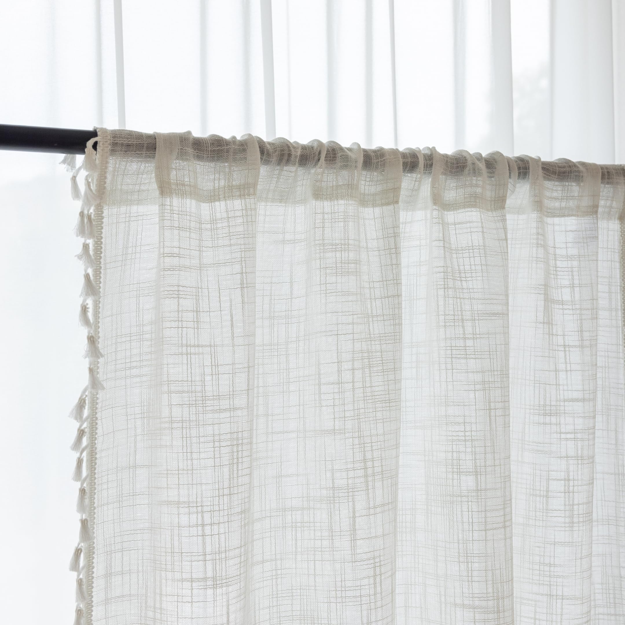 2 cortinas de lino natural blanco mezclado, estilo rústico, para dormitorio, sala de estar, (160 x 140 cm, borlas blancas)