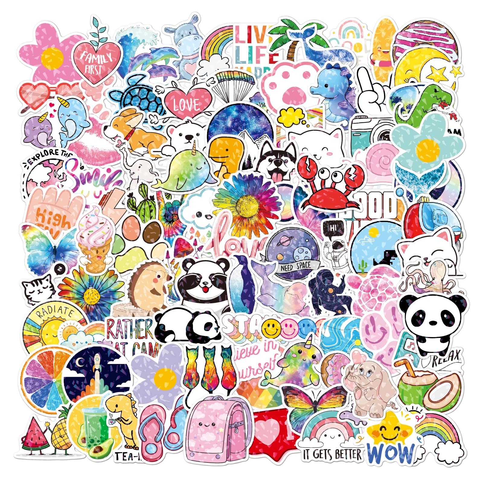 HNTR® Sparkly Holographic Stickers | 100 Large Cute Animal Stickers for Children, Teens & Adults | Cute Sticker Pack for Laptops, Scrapbooks & Kindles
