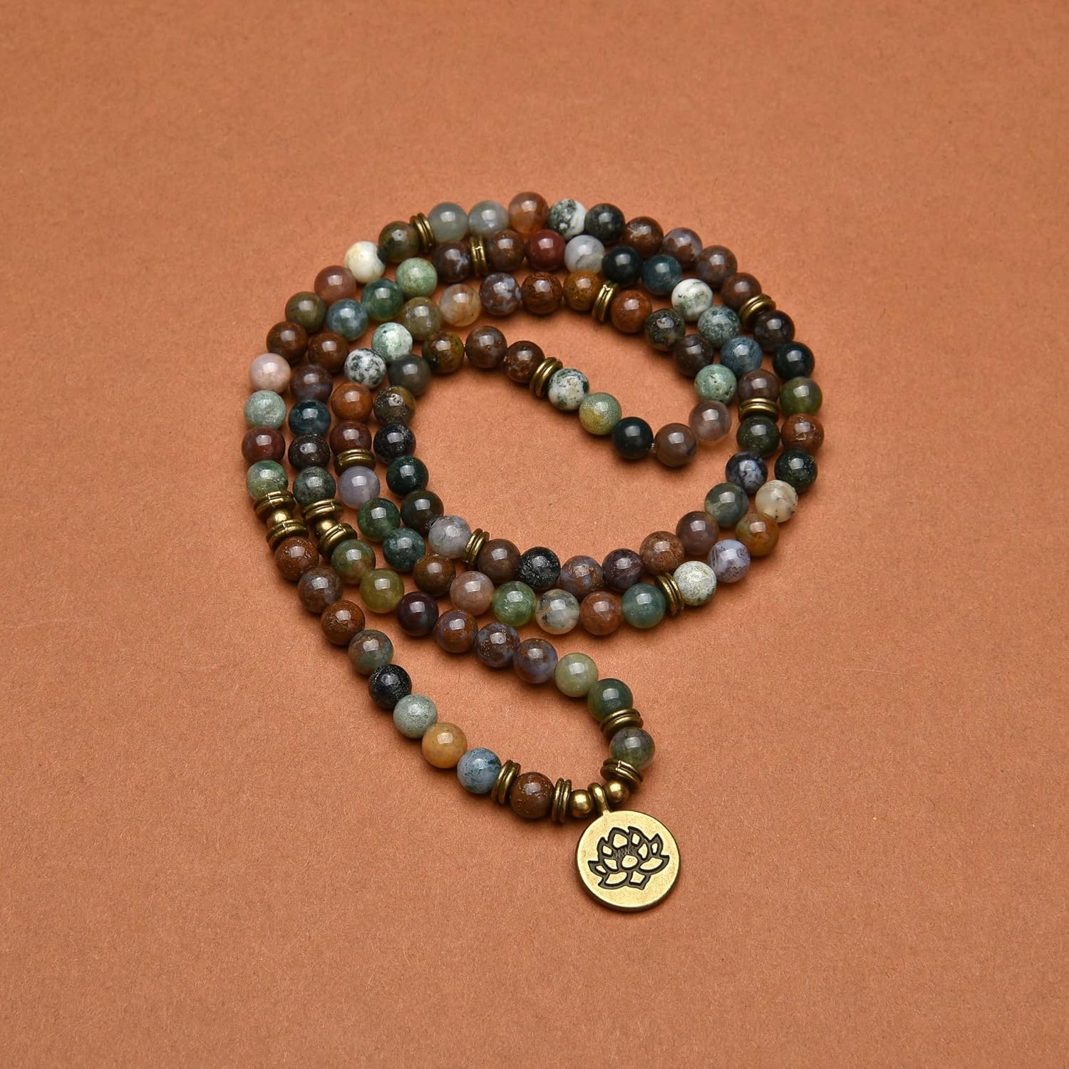 108 Healing Mala Beads Bracelet or Necklace with Gold Lotus Charm