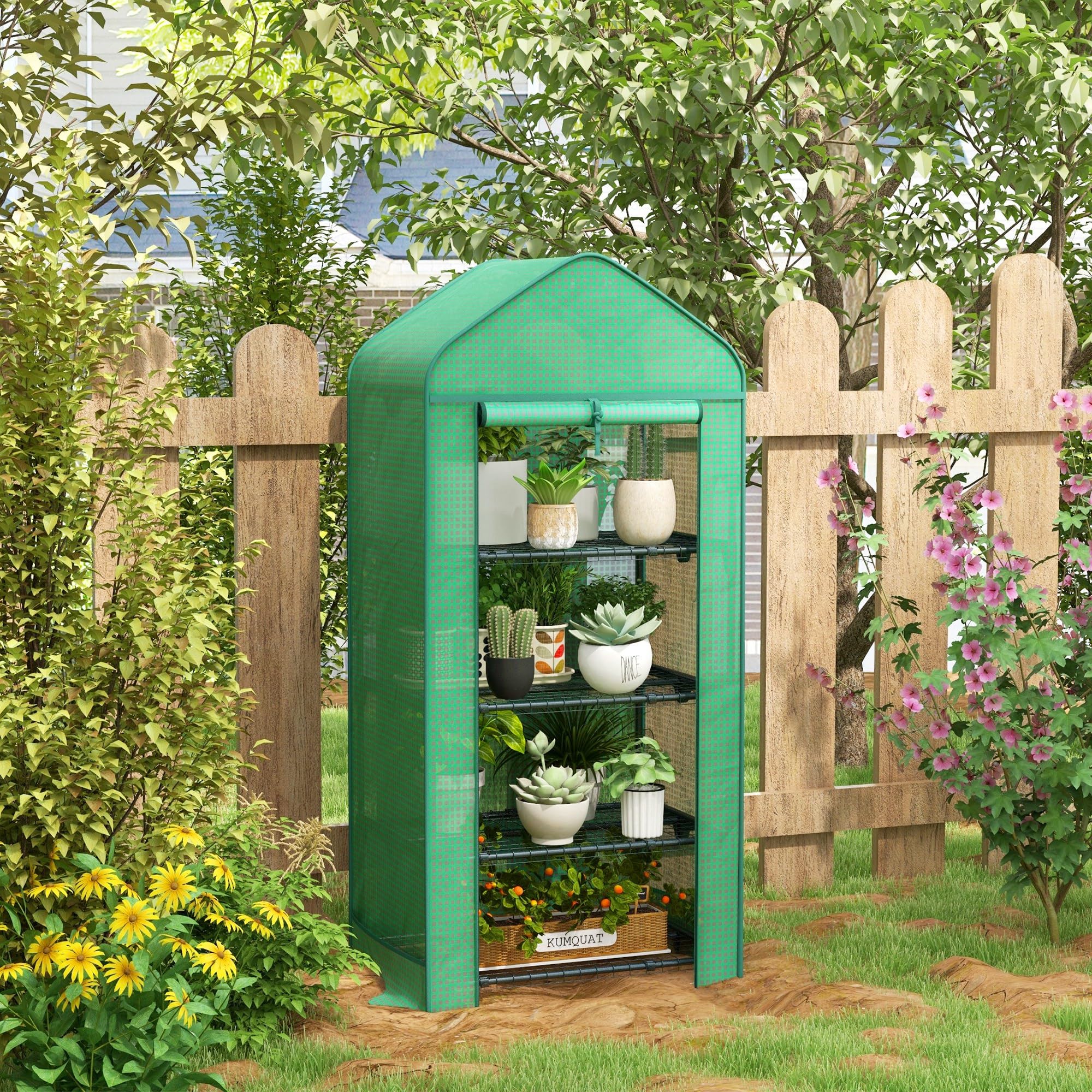 Outsunny Serra per Piante a 4 Ripiani con Porta Avvolgibile, Piccola Serra in Metallo e PE, 69x49x158 cm, Verde scuro