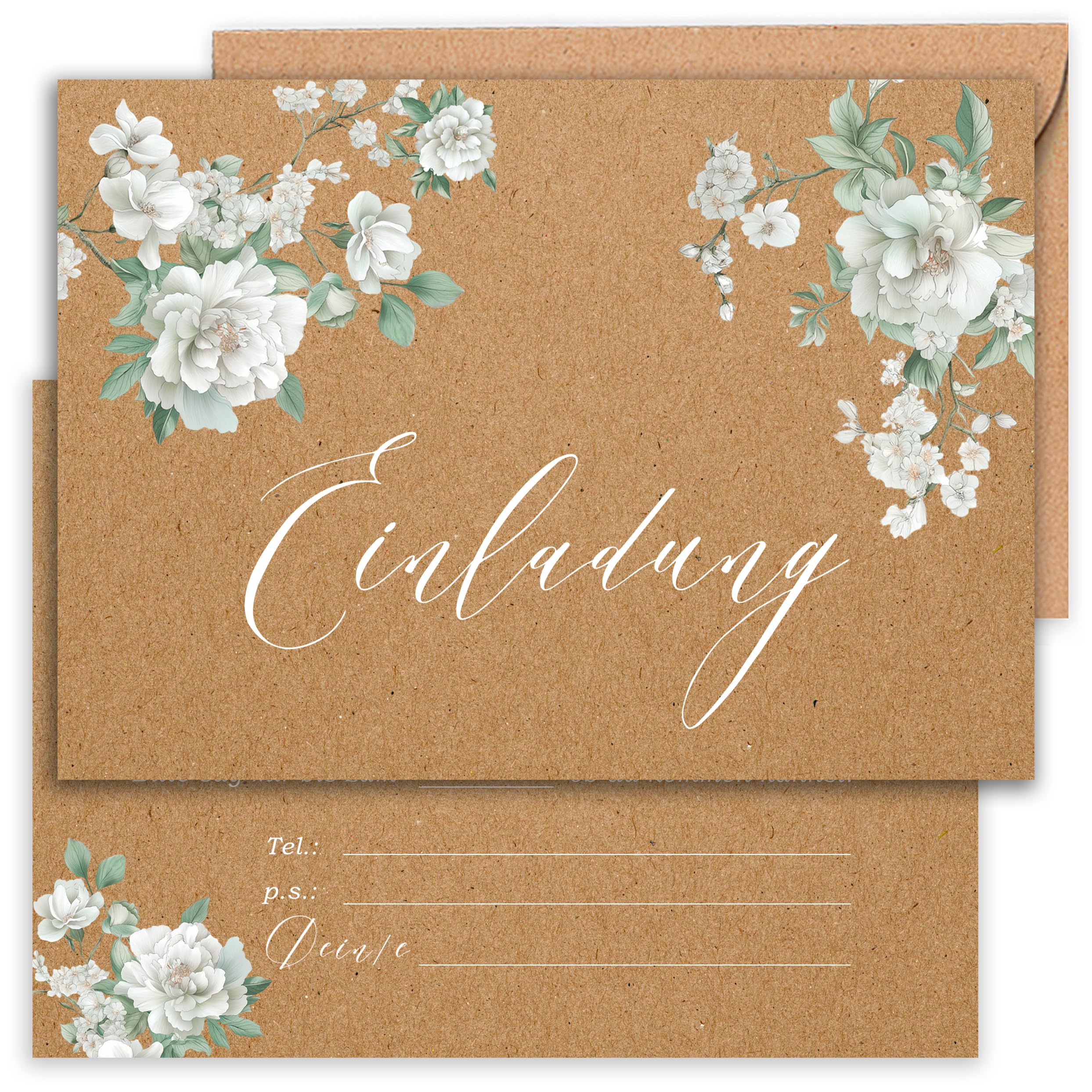 E&G Klasse 10 x Invitation Cards White Roses Kraft Paper Look with 10 Envelopes Adult Women A6 Brown White Invitation Card Celebration Party Wedding Anniversary