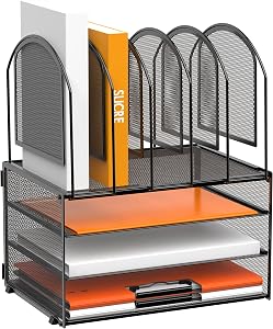 DALTACK 3-Tier Mesh Desk File Organizer, Stackable Letter Tray with 5 Vertical File Holders, Multifunction Desktop Organizer for Home Office Supplies, Grey Black