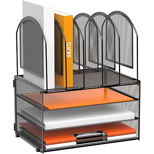 DALTACK Paper Desk Organizer, 3-Tier Letter Tray with 5 Vertical File Holders, Multifunction Desk Organizer, Desktop File Folder Organizer, Desk Organizers and Accessories for Home Office, Black