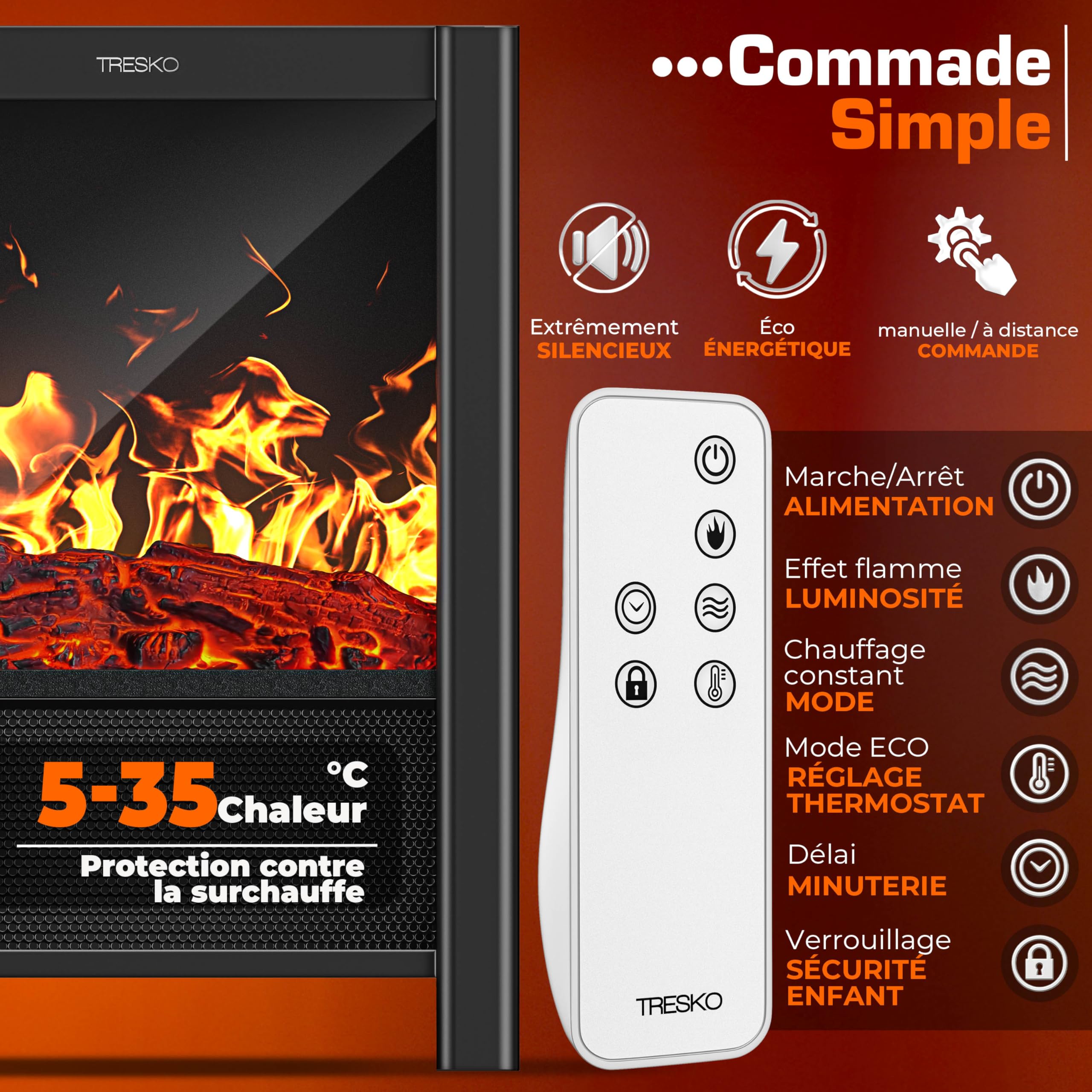 TRESKO® Cheminée électrique 2000W, Maison Intelligente WiFi app & télécommande | Poêle électrique Effet Flamme LED & écran LCD | Foyer électrique avec Thermostat | Chauffage soufflant minuterie