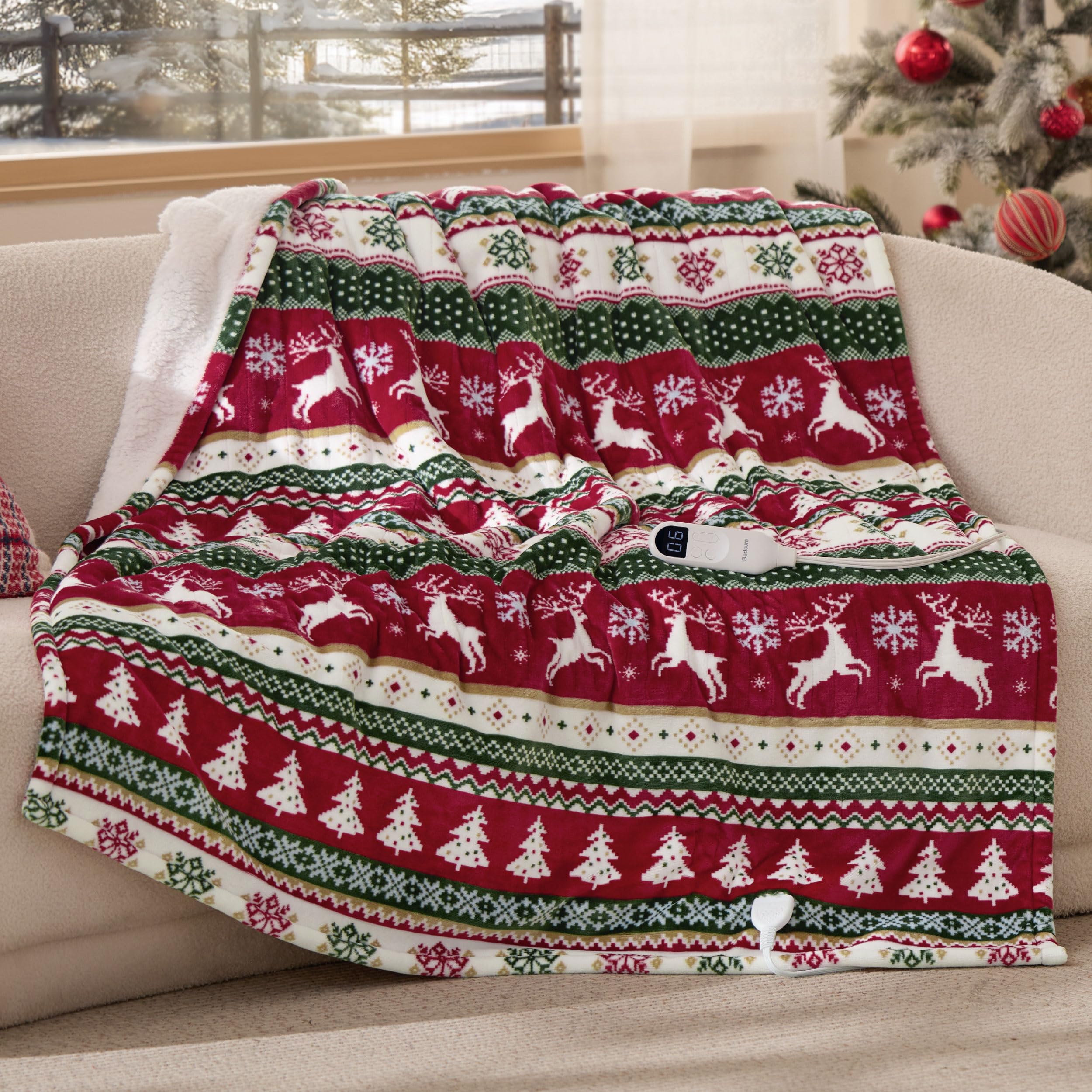 Bedsure Christmas Heated Blanket Throw, Fair Isle Pattern Electric Blanket