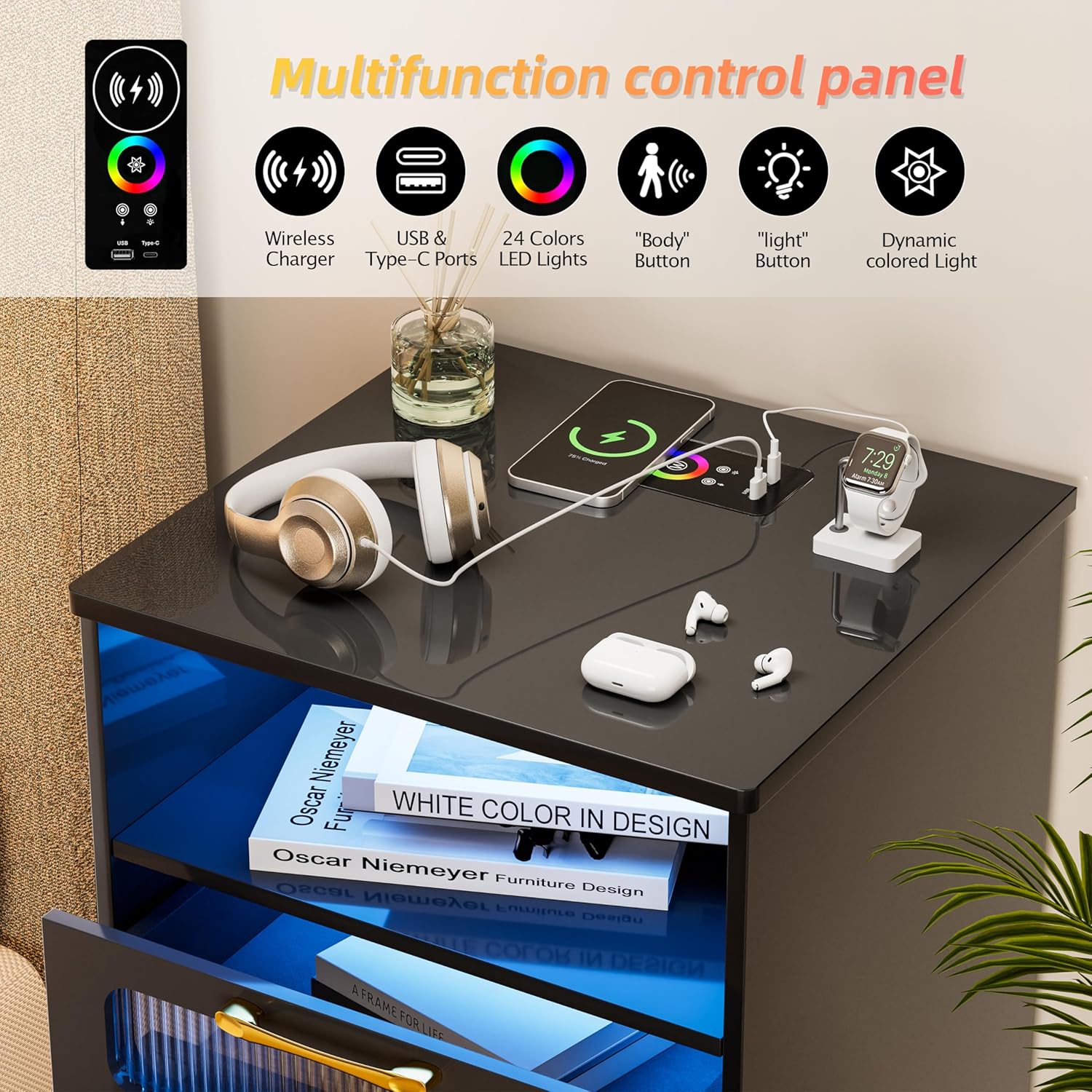 KAMABOKO nightstand showing 24 LED lights mode and brightness adjustment.