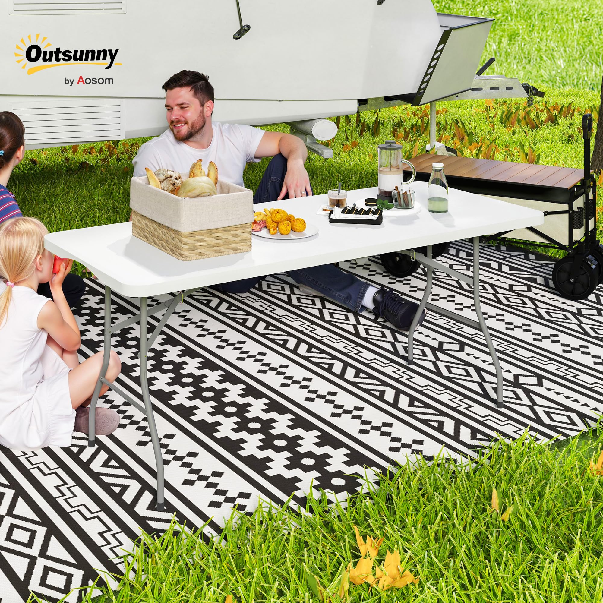 Outsunny Tavolo da Campeggio Pieghevole 180x74x74 cm Bianco, Tavolino da Esterno con Telaio in Metallo