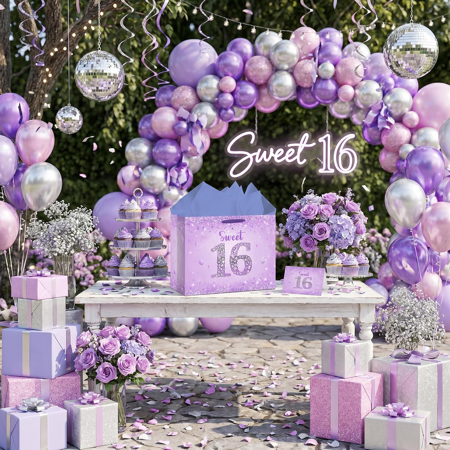 Purple Sweet 16 Birthday Gift Bag with Tissue Paper and Card Large 16th Birthday Party Favor Bags for Girls Sixteen Years Old Birthday Gift Wrap Light Purple Glitter Theme Party Decor for Her 11.8in