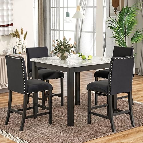 RUNWON 5-Piece Counter Height Set with One Faux Marble Dining Table and Four Upholstered-Seat Chairs-Kitchen and Living Room Furniture, Black