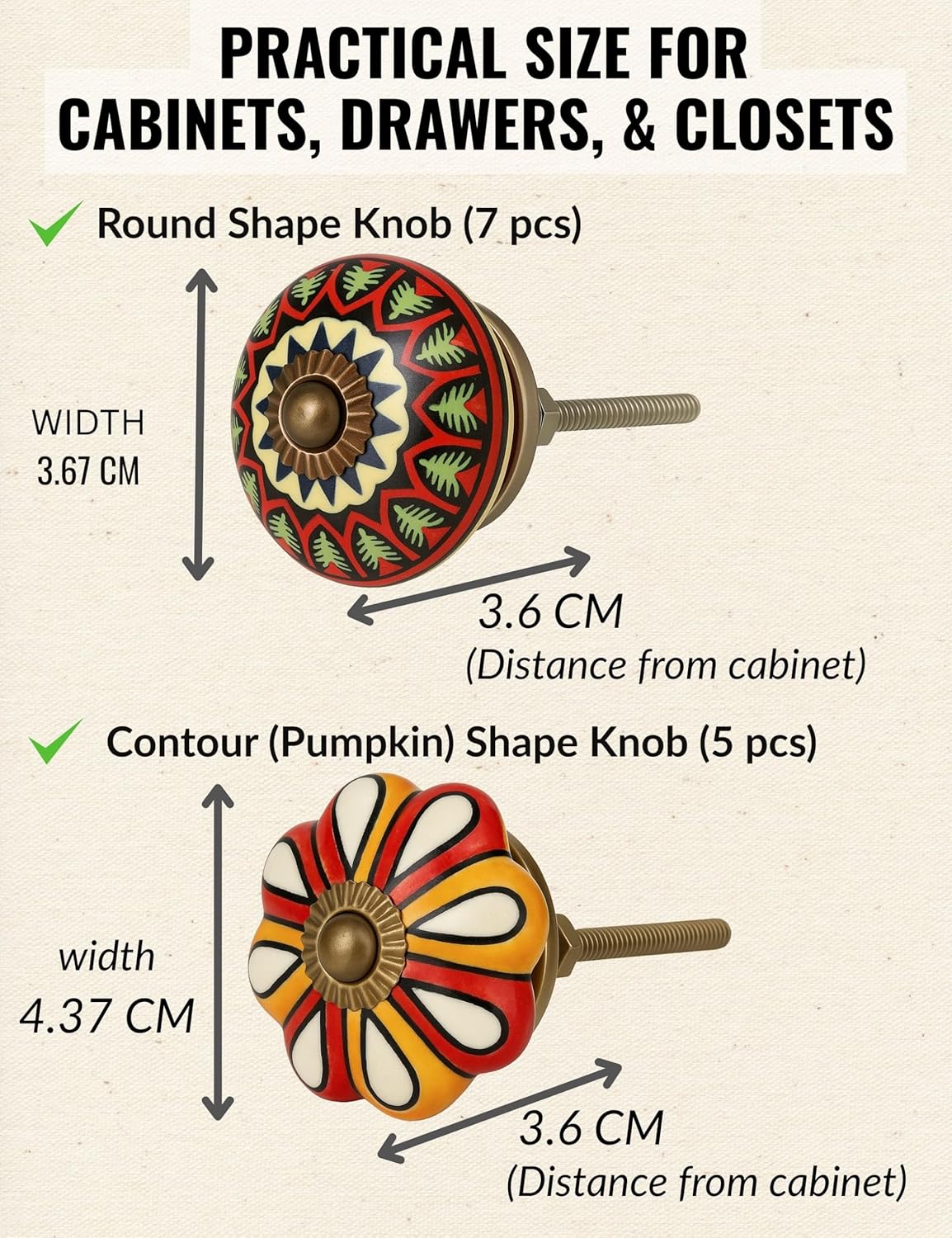 Dresser Knobs 12 Pack - Vintage Cabinet Knobs 12 Pack: Boho Decorative Ceramic Drawer Pulls for Kitchen Cabinets, Wardrobes & Bathroom Vanities