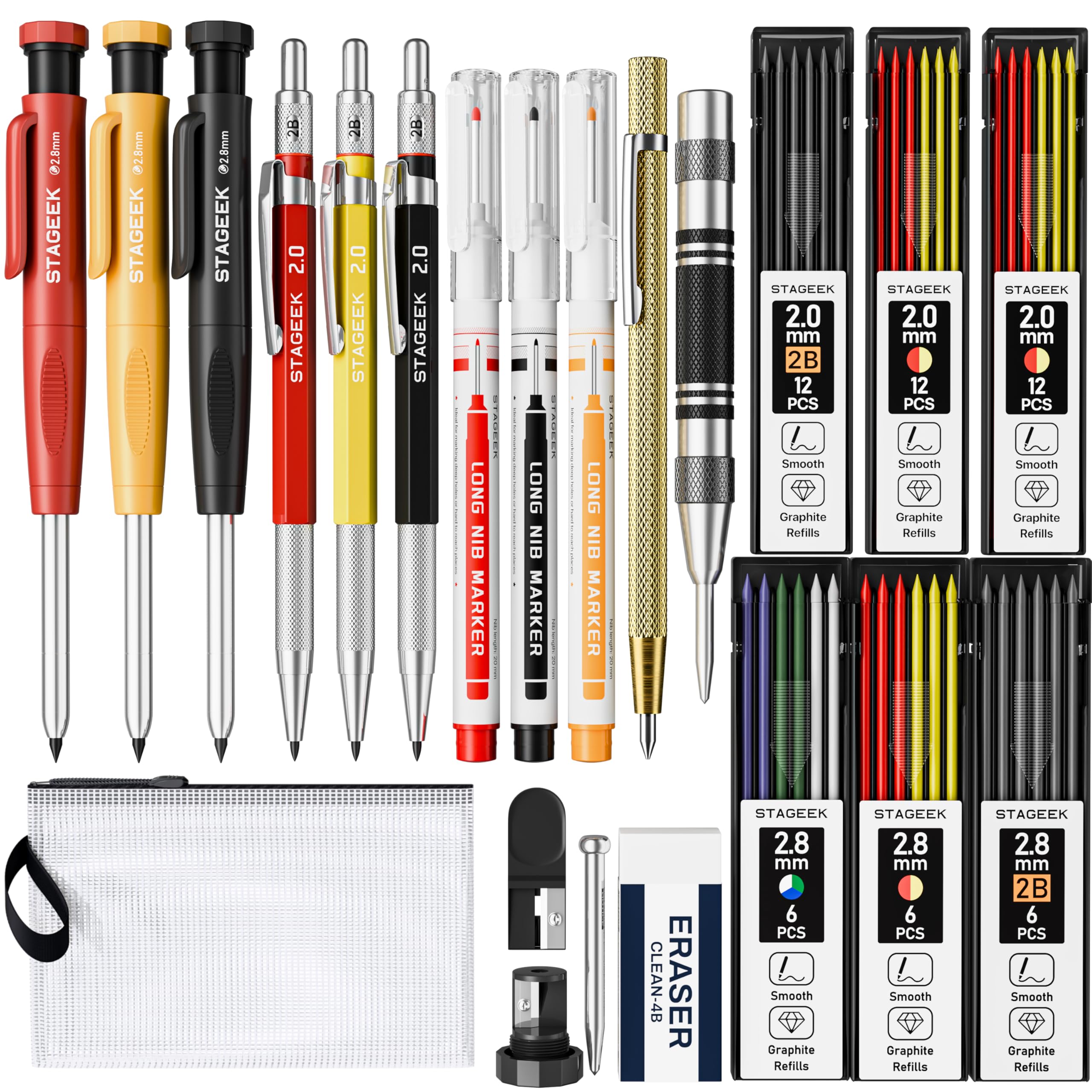 22 Pack Mechanical Carpenter Pencil Set with Sharpener 60 Refills, Automatic Center Punch, Carbide Scribe Tool, Eraser and Deep Hole Marker Pen, Heavy Duty Construction Pencil for Architect-With Pouch