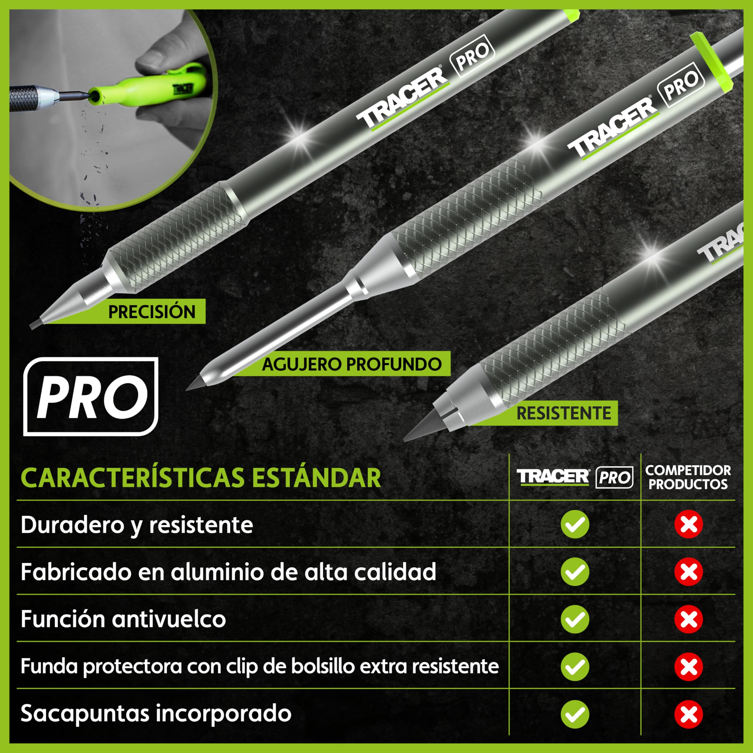 Tracer Pro Series - Kit de marcadores de construcción de 5 piezas con estuche de almacenamiento, lápiz de carpintero de agujero profundo y lápiz de precisión