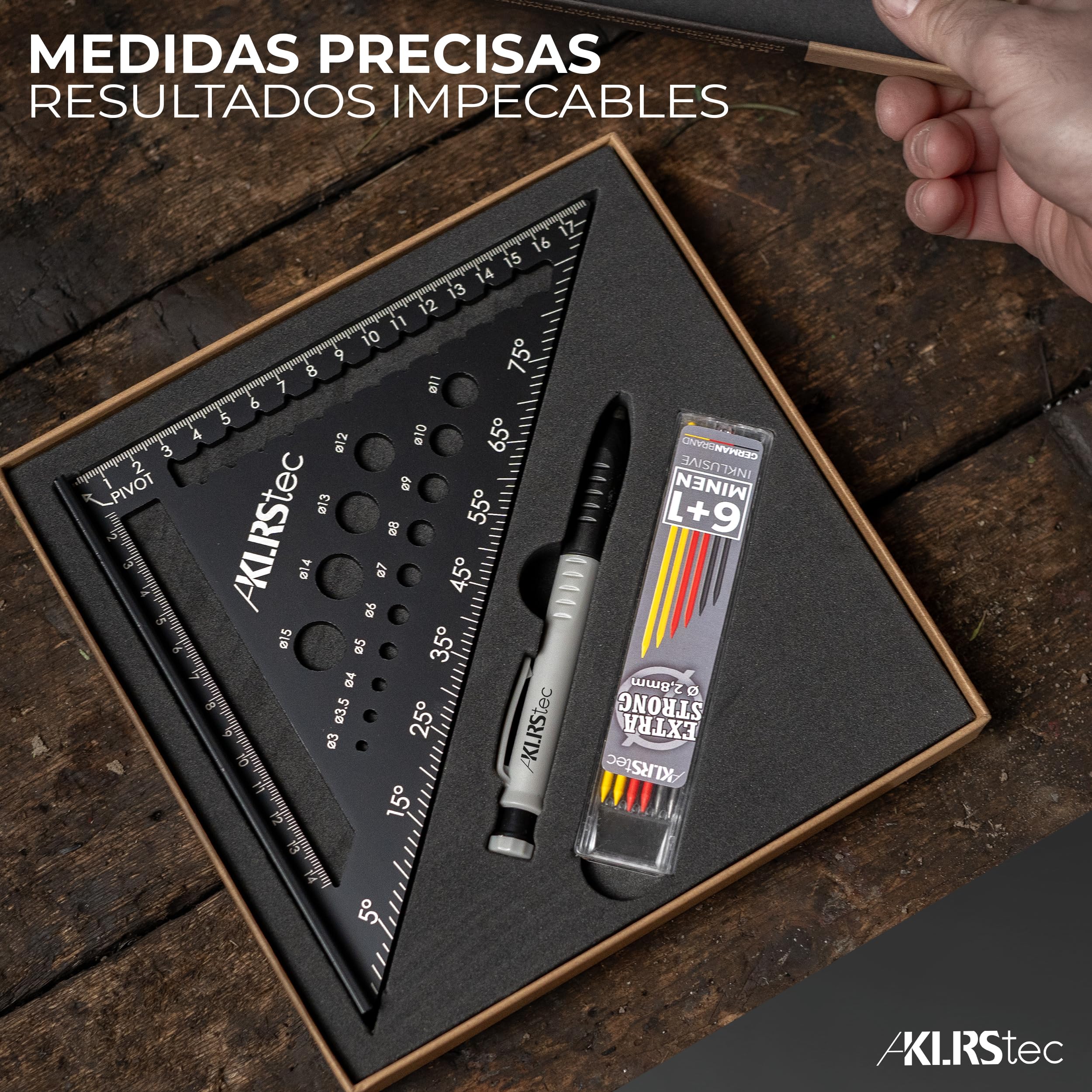 KLRStec Escuadra de Carpintero Profesional – Juego de Herramientas para la madera multifunción. Lapiz de carpintero y minas de repuesto incluido [7 Piezas]