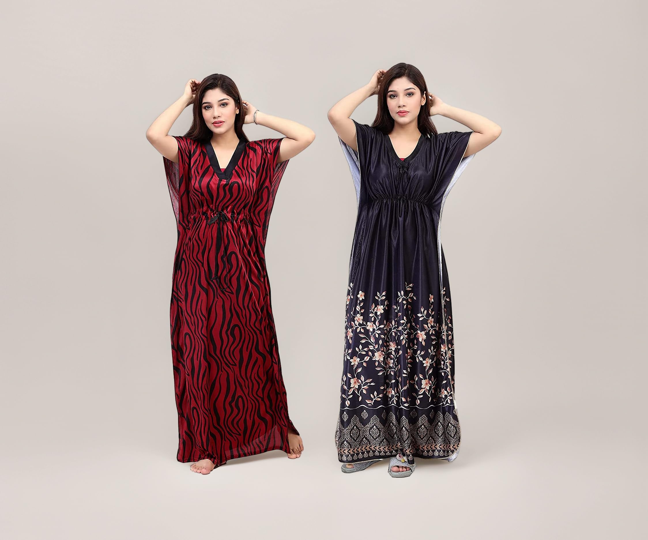 Women's Silk Geometric Print Maxi Kaftan Night Gown (Pack of 2)