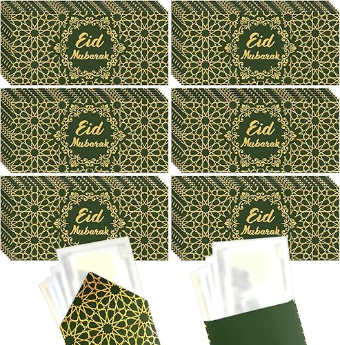 Vista 12 de Sinmoe 36 sobres de dinero Eid Mubarak a granel de 6.7 x 3.2 pulgadas, papel de aluminio dorado para tarjetas de regalo de Ramadán para decoración