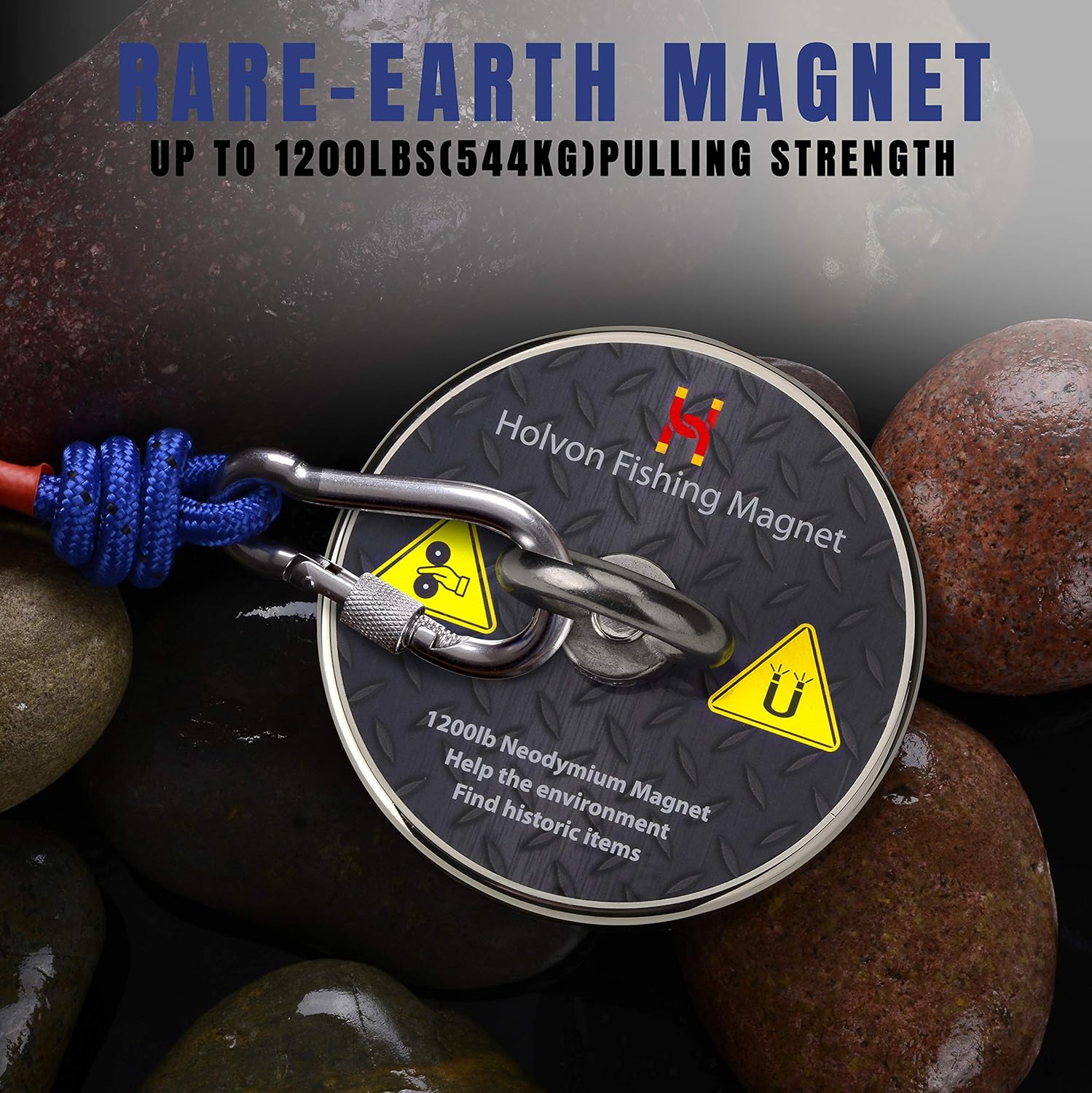 Fishing Magnet kit with Rope Bundle Pack - 1200lb Pulling Force, 65ft Nylon Rope, Heavy Duty Carabiner, Thread Locker, Tear Proof Gloves, Scraper - Magnet Fishing Metal Objects