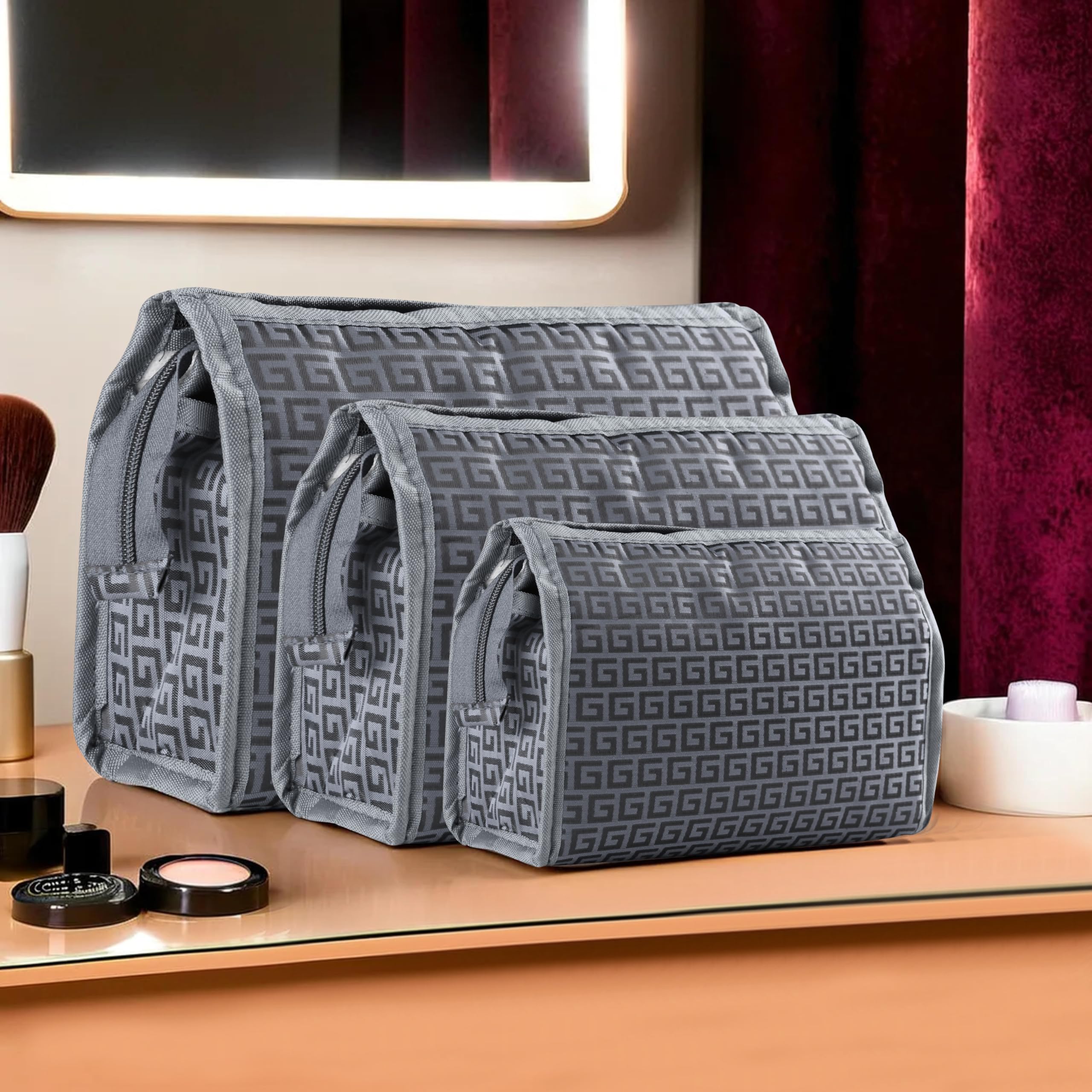 Kuber Industries Set of 3 Travel Storage Organizer | Cosmetic Storage Bag | Waterproof Toiletry Pouch | Adjustable Compartment Jewellery Kit | Self 3 Chain-Design | Gray-image-37